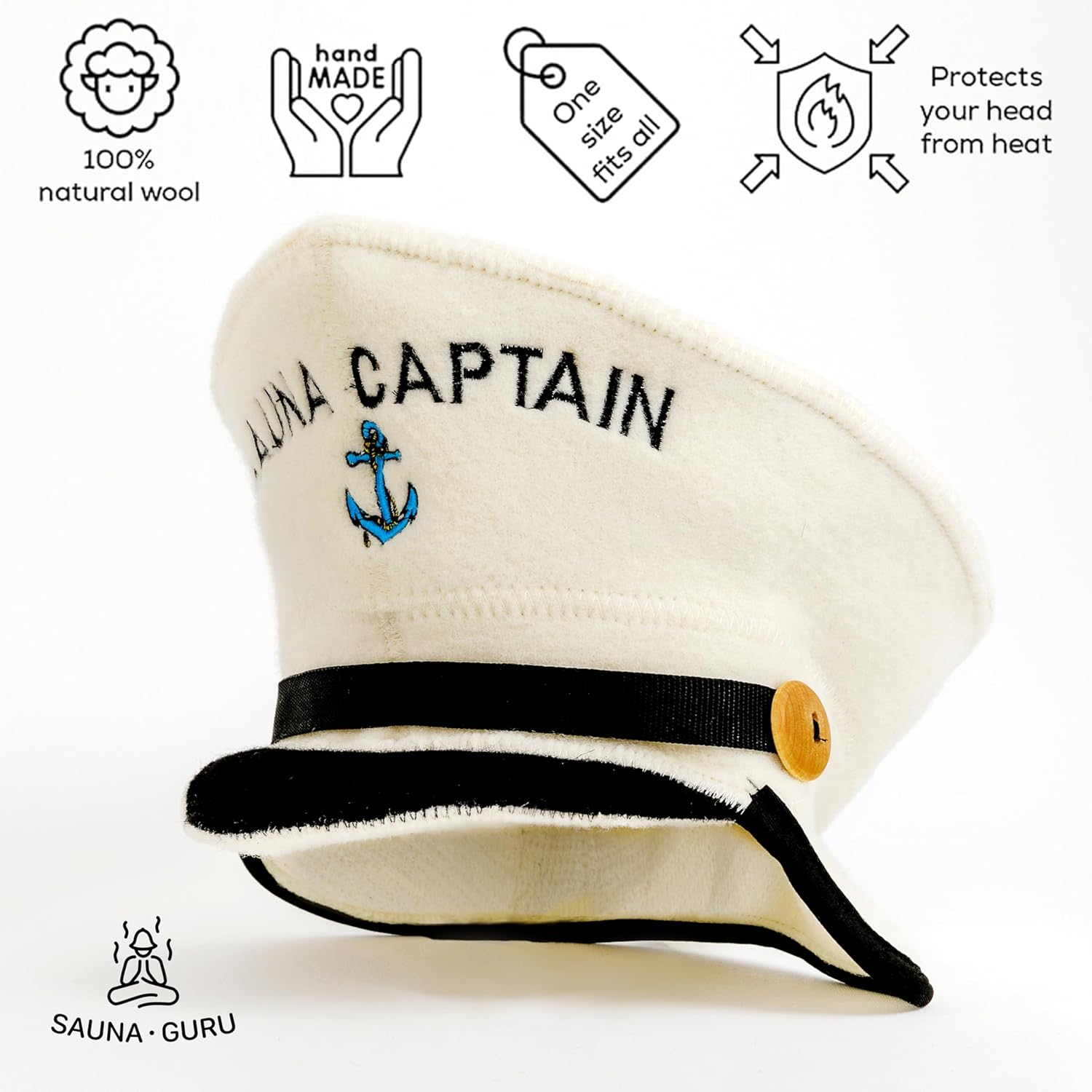 Sauna Hat Sauna Captain White - 100% Organic Wool Felt Hats for Russian Banya - Protect Your Head from Heat - Sauna eBook Guide Included - with Embroidery