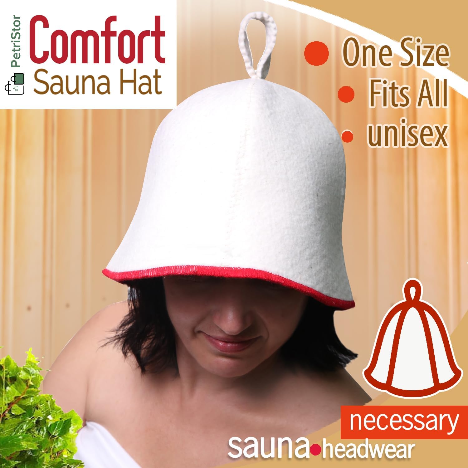 PetriStor Sauna Hat Comfort - Sauna Hat for Women - Wool Sauna Hat - Sauna Hat for Men - Bathhouse hat - Natural Felt Sauna Cap (White with red)