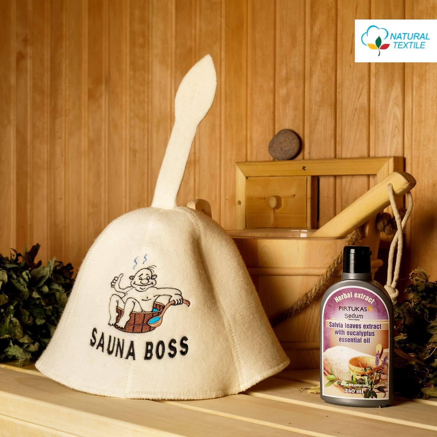 Sauna Hat Sauna Boss White - 100% Organic Wool Felt Hats for Russian Banya - Protect Your Head from Heat - Sauna eBook Guide Included - with Embroidery