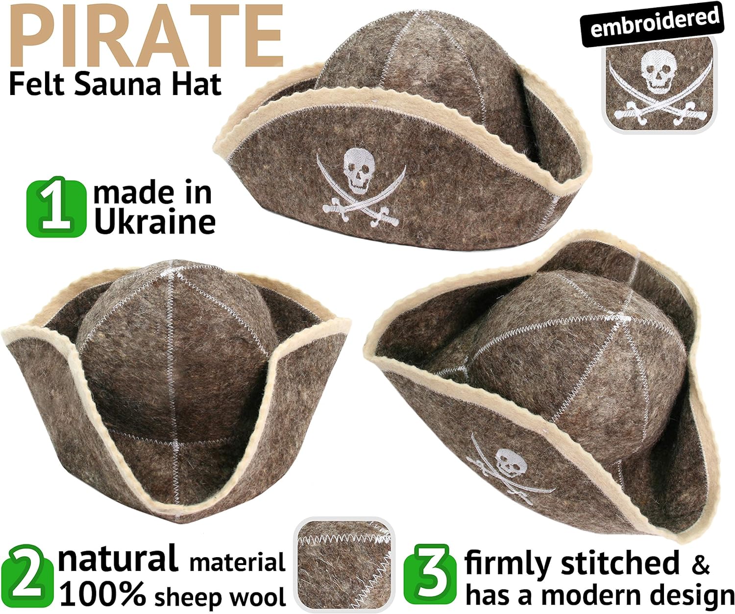 Wool Sauna Hat for Men and Women Pirate Protect Hair - Filibuster Sauna Cap for Men - Banya Hat for Men - Felt Sauna Hat Wool 100% Natural - Sauna Hair Protector - Home Sauna Accessories Luxury