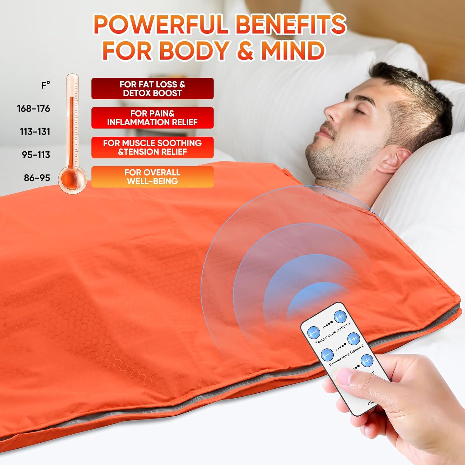 Far Infrared Sauna Blanket for Detoxification, Portable Sauna for Home Detoxification  Relaxation, Infrared Blanket Sauna with 95-176℉ Temp Range (Orange-Basic)