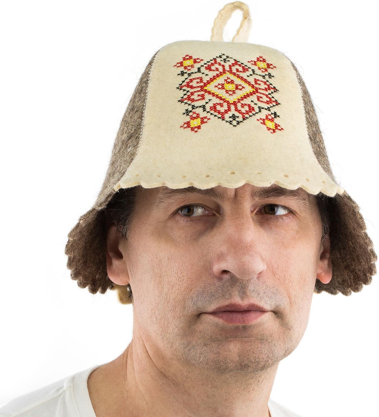 Wool Sauna Hat Embroidered Ukrainian ornament Red