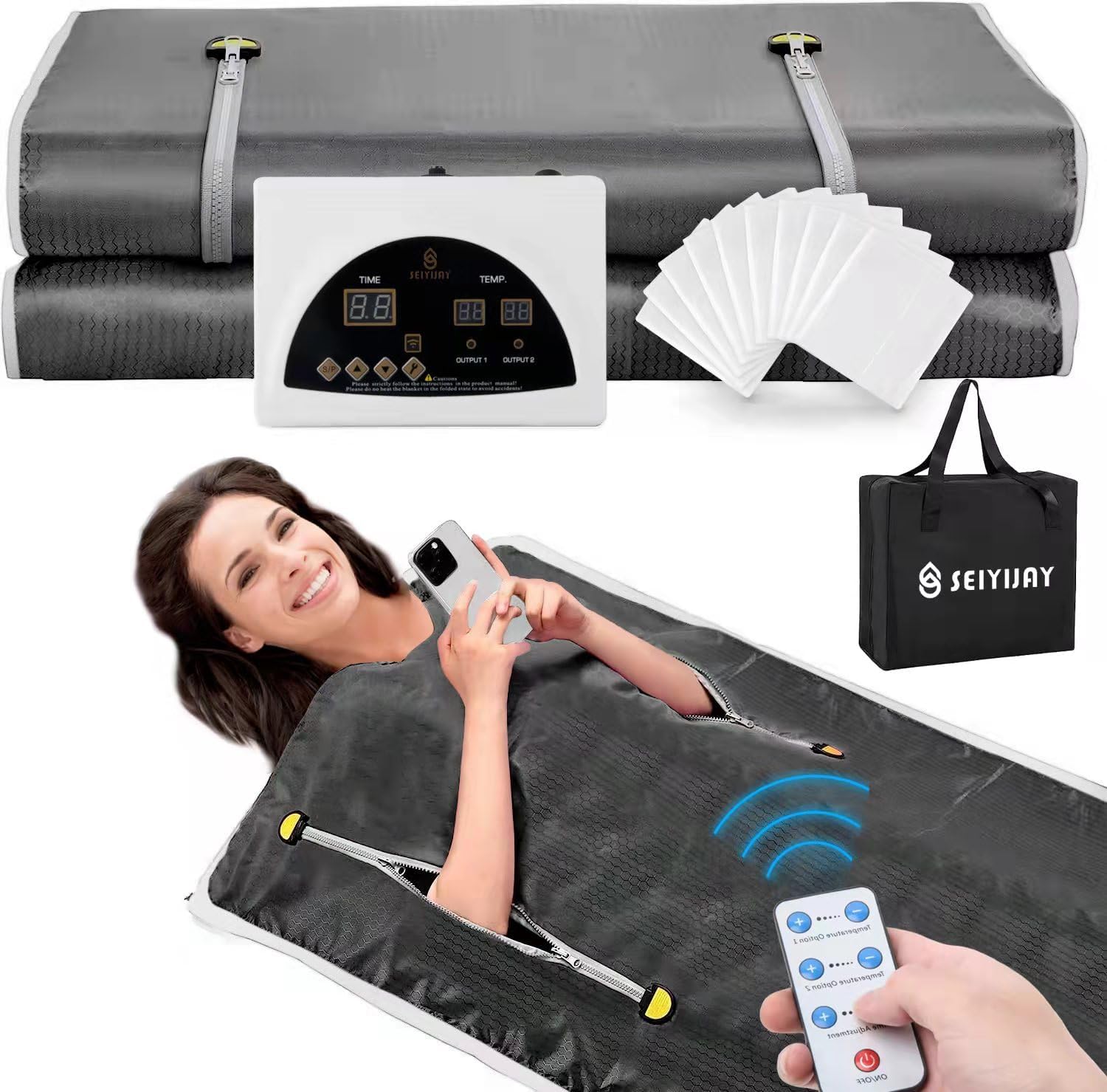 Infrared Sauna Blanket, Upgraded Large Size Sauna Blanket for Detox, Home Sauna with Remote, Including 40 Pieces Plastic Sheeting for Body Wrap (Black)