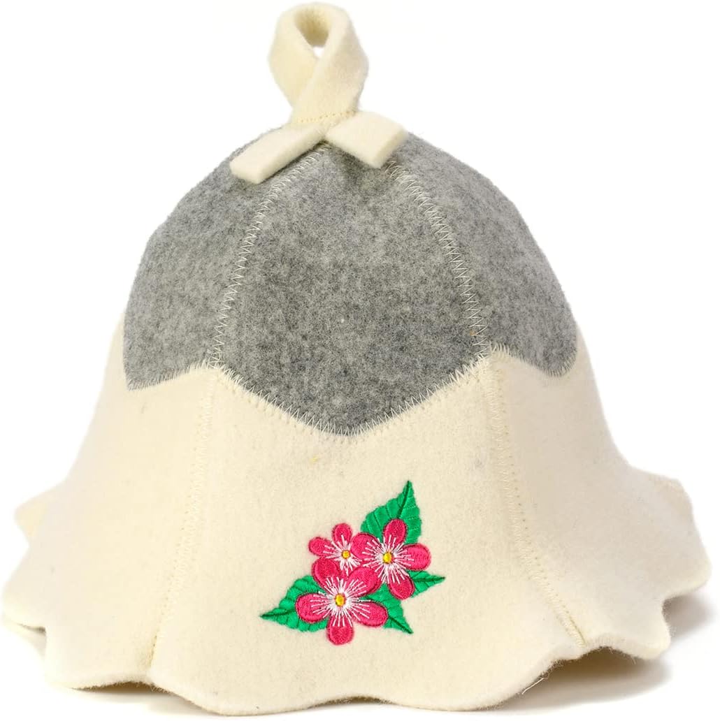 Sauna Hat Sauna Flower White - 100% Organic Wool Felt Hats for Russian Banya - Protect Your Head from Heat - Sauna eBook Guide Included - with Embroidery