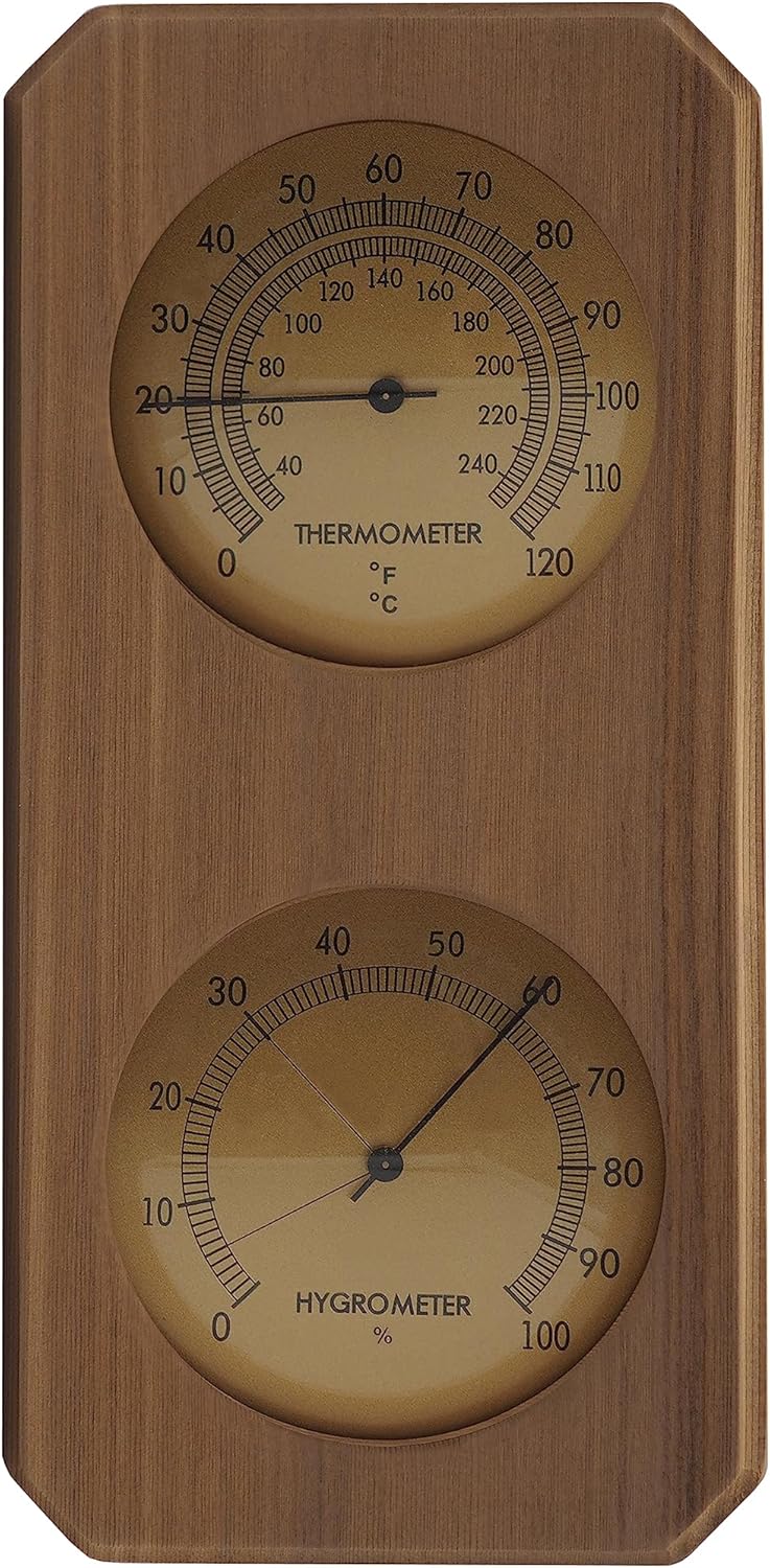 HSE Cedar Sauna Thermometer  Hygrometer - 2-in-1 Mechanical Instrument with Minimalist Design and Glass Dials (Vertical)