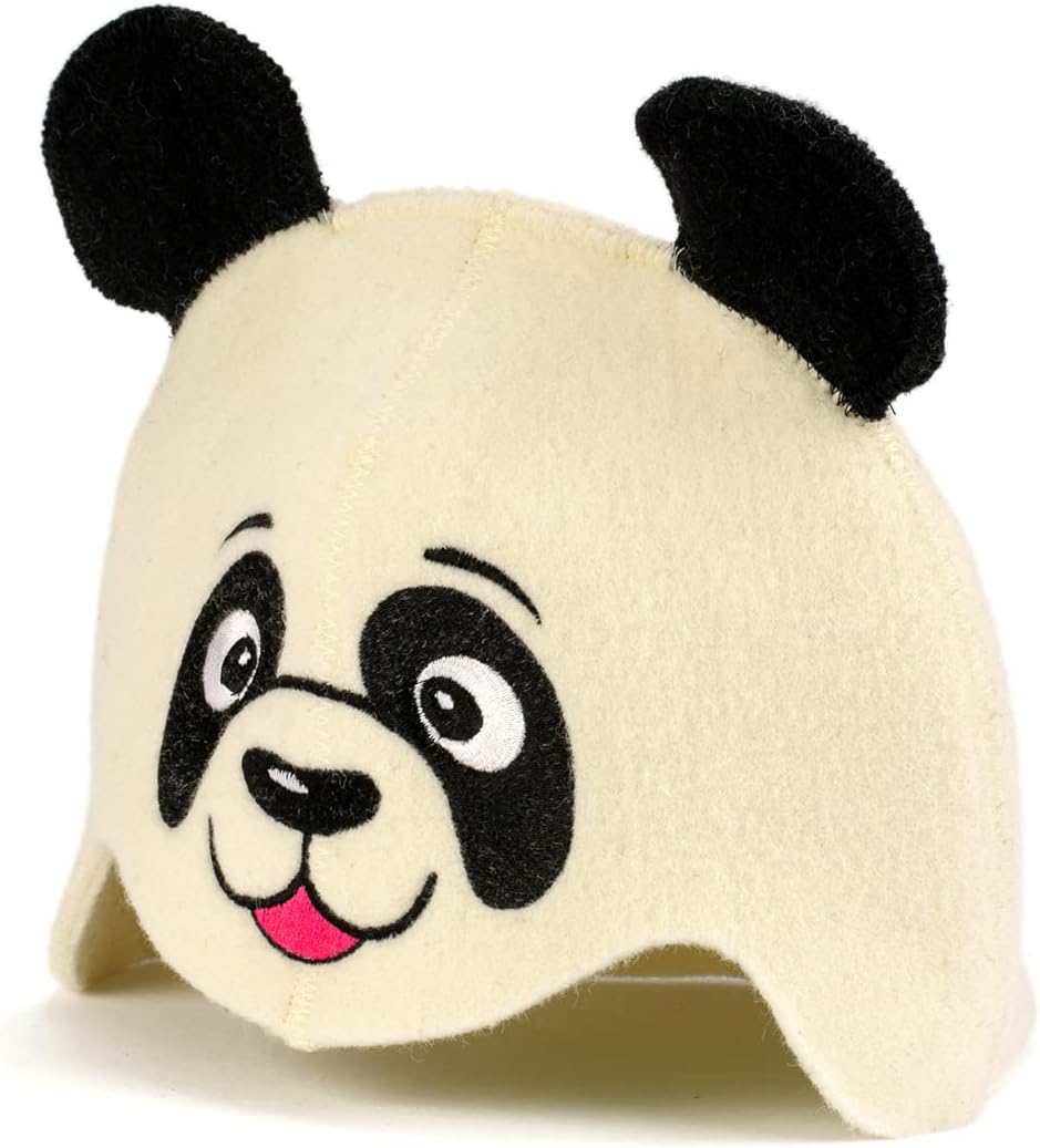 Sauna Hat Sauna Panda White - 100% Organic Wool Felt Hats for Russian Banya - Protect Your Head from Heat - Sauna eBook Guide Included - with Embroidery