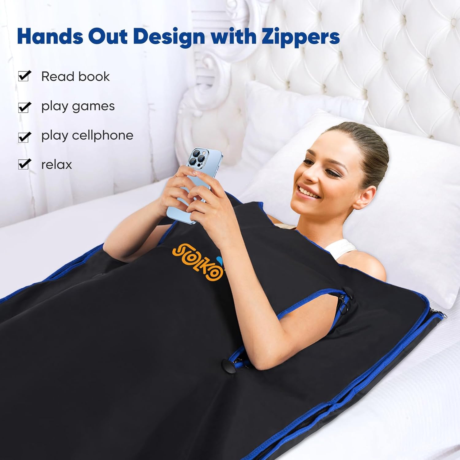 SOKO Infrared Sauna Blanket/Bag for Home Weight Loss and Detox, Portable Exercise Recovery Relieve Stress, 86.2℉ to 167 ℉, with Timer, black+blue (SK-Sauna-Blanket-BY2) SOKO Infrared Sauna Blanket/Bag for Home Weight Loss and Detox, Portable Exercise Recovery Relieve Stress, 86.2℉ to 167 ℉, with Timer, black+blue (SK-Sauna-Blanket-BY2)