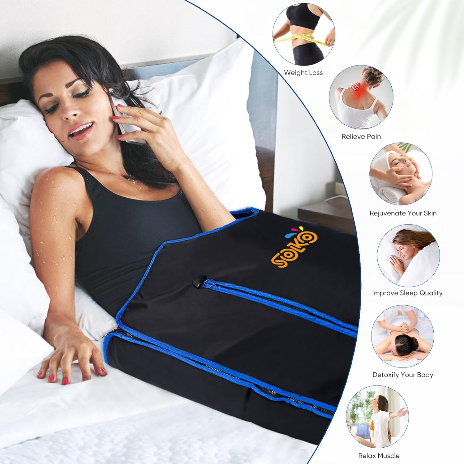 SOKO Infrared Sauna Blanket/Bag for Home Weight Loss and Detox, Portable Exercise Recovery Relieve Stress, 86.2℉ to 167 ℉, with Timer, black+blue (SK-Sauna-Blanket-BY2) SOKO Infrared Sauna Blanket/Bag for Home Weight Loss and Detox, Portable Exercise Recovery Relieve Stress, 86.2℉ to 167 ℉, with Timer, black+blue (SK-Sauna-Blanket-BY2)