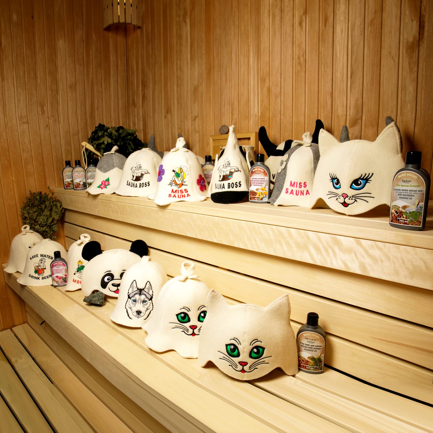 Sauna Hat Sauna Kitten White - 100% Organic Wool Felt Hats for Russian Banya - Protect Your Head from Heat - Sauna eBook Guide Included - with Embroidery