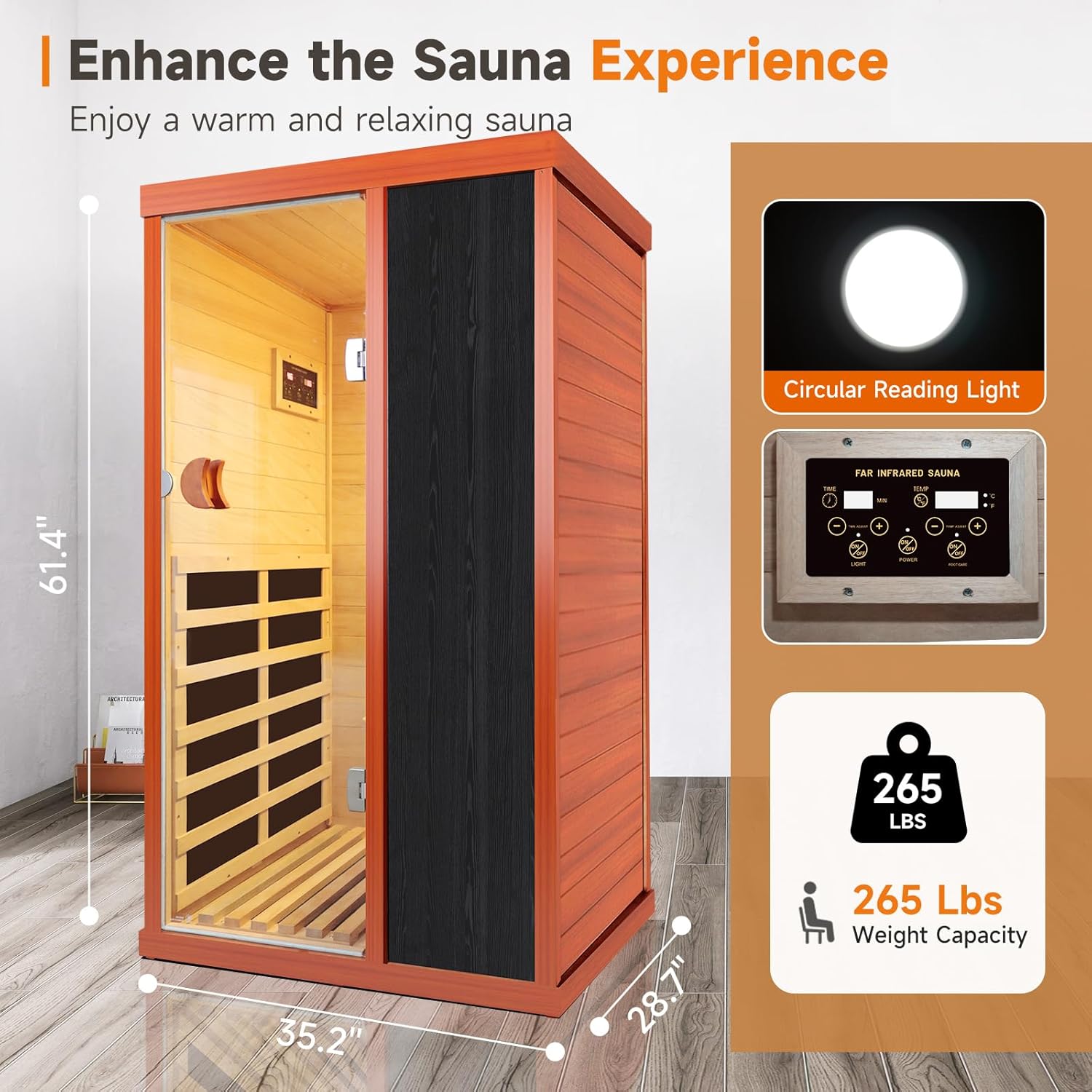 1 Person Sauna Far Infrared Sauna 800W Indoor Home Sauna Low EMF 110V with Control Panel 7 Color Light 28.7 * 35.2 * 61.4 inch