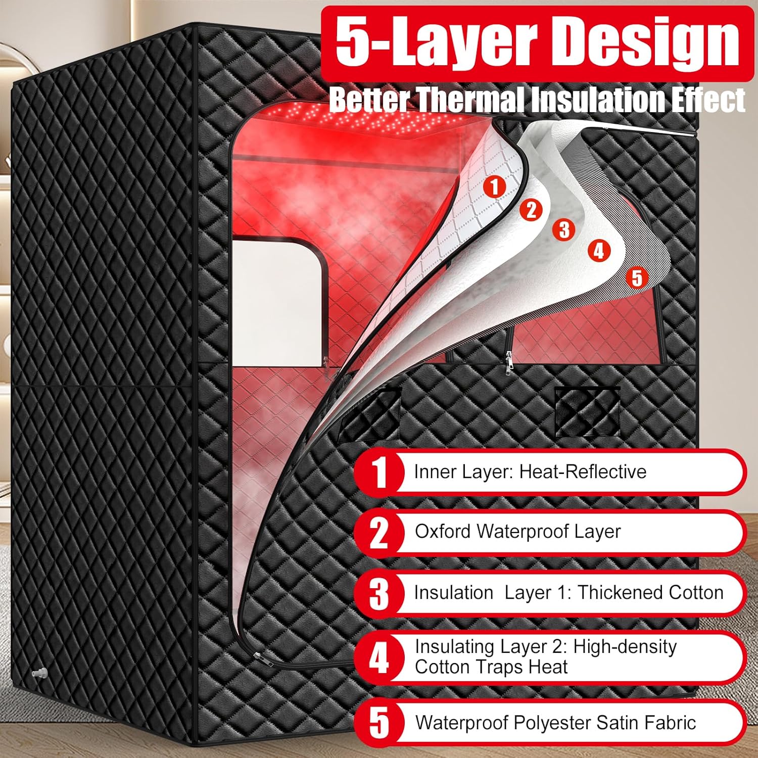 2 Person Infrared Sauna Box for Home, Portable Steam Sauna with 660nm 850nm Red Light Therapy Lamp, 5-Layer Waterproof, 2 Steamers, 2 Folding Chair