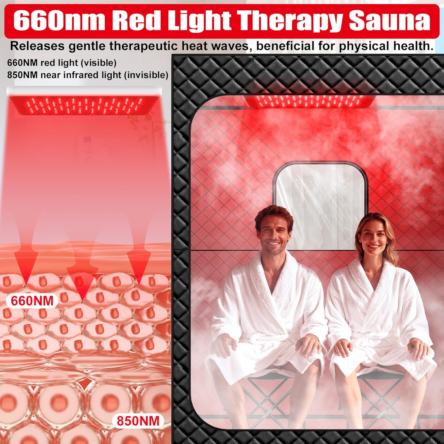 2 Person Infrared Sauna Box for Home, Portable Steam Sauna with 660nm 850nm Red Light Therapy Lamp, 5-Layer Waterproof, 2 Steamers, 2 Folding Chair