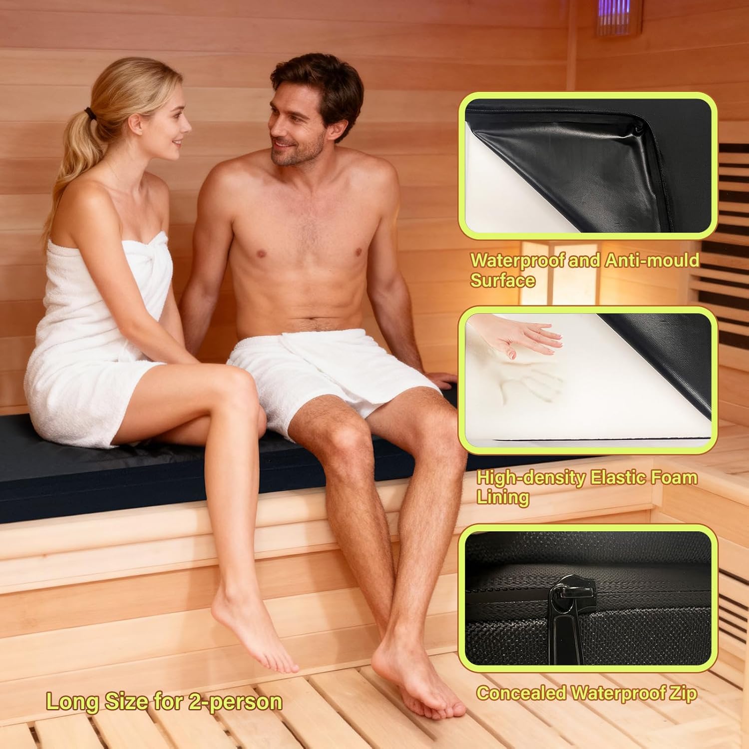 43 x 16 Inch Waterproof Sauna Seat Cushion for 2-Person, Heat Resistant Oxford Fabric with 3 High-Density Foam, Non-Slip Bench Mat for Home Sauna, Steam Room  Spa