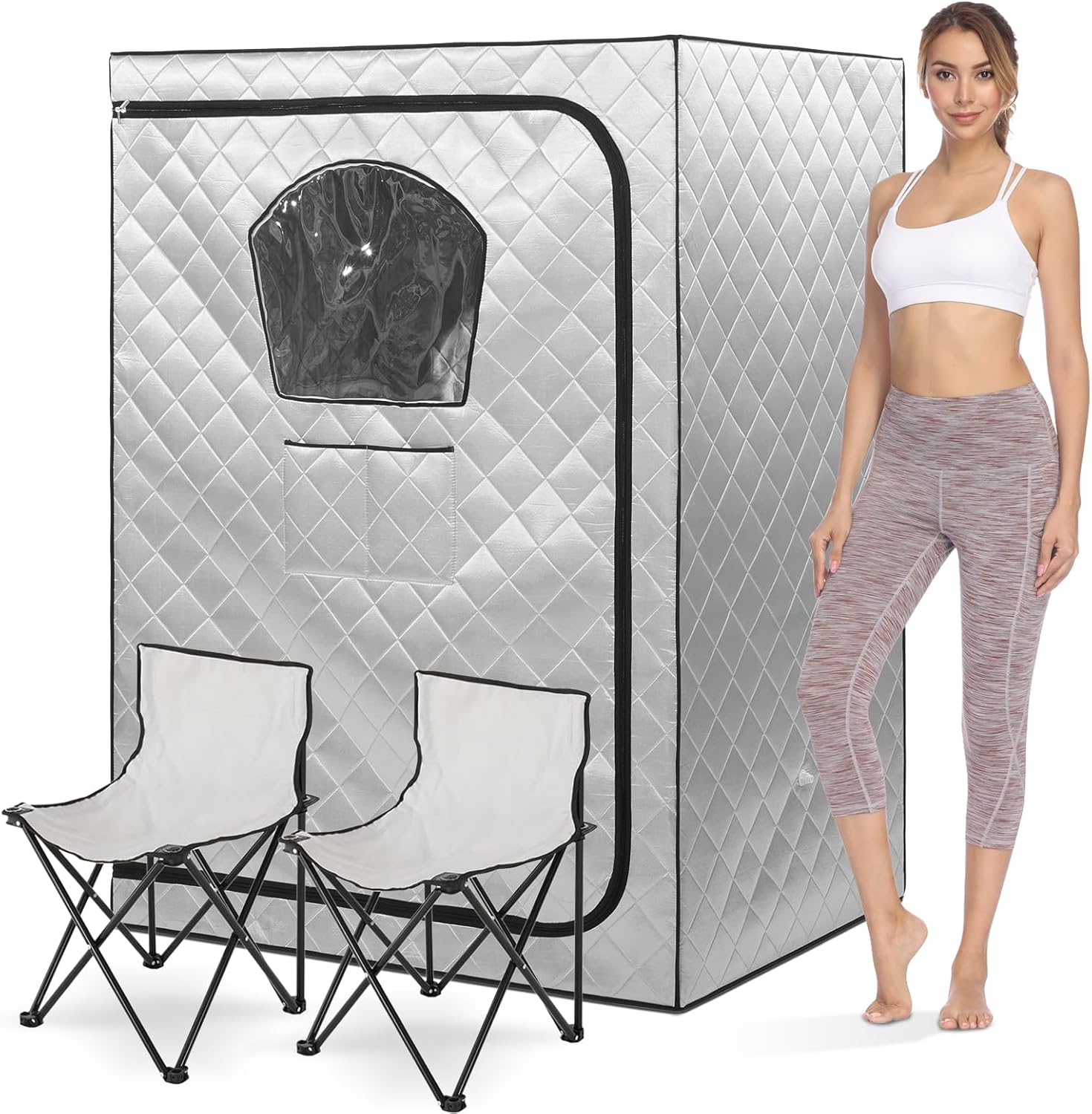 Gollense Portable Sauna for Home 2 Person Steam Tent with 2 Folding Chairs, Full Size Large Foldable Indoor Steam Box for Relaxation, Steamer NOT Included, Sliver