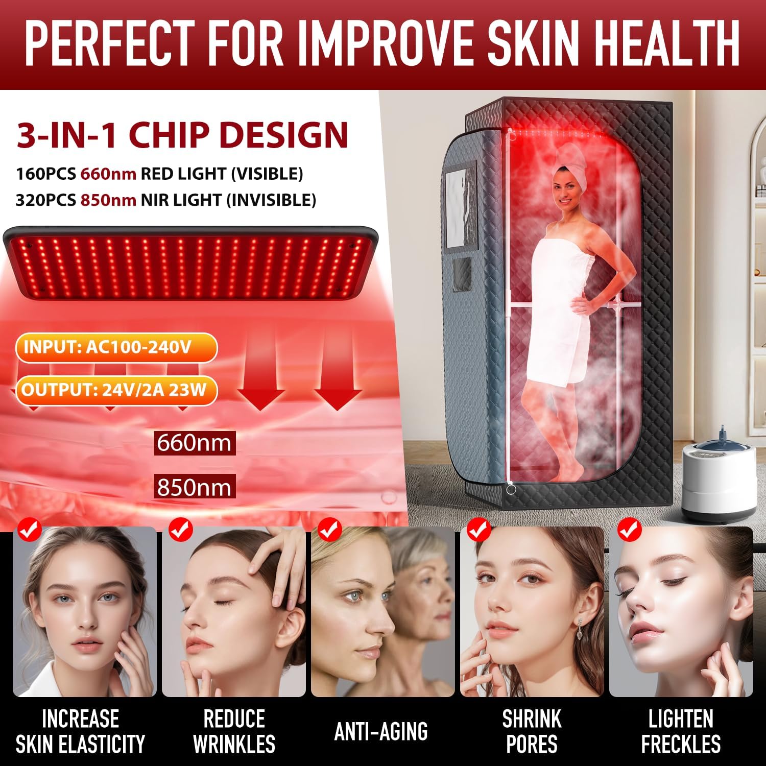 Infrared Steam Sauna with 660nm Red Light Therapy  850nm Infrared Light Panel, 3L 1300W Steamer, Folding Chair, XXL Portable Sauna Personal Sauna Box Sauna Tent Home Sauna