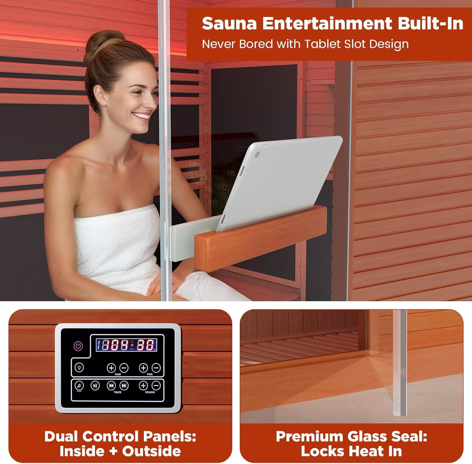 OnxyEdge 2-Person Full Spectrum Sauna 1990W - 120V with 6.5 * 6.5 Red Light Therapy  2 Built-in Speakers, Indoor Dry Sauna with Dual LED Controls for Home  Gym – Canadian Hemlock Spa Room (Wood)