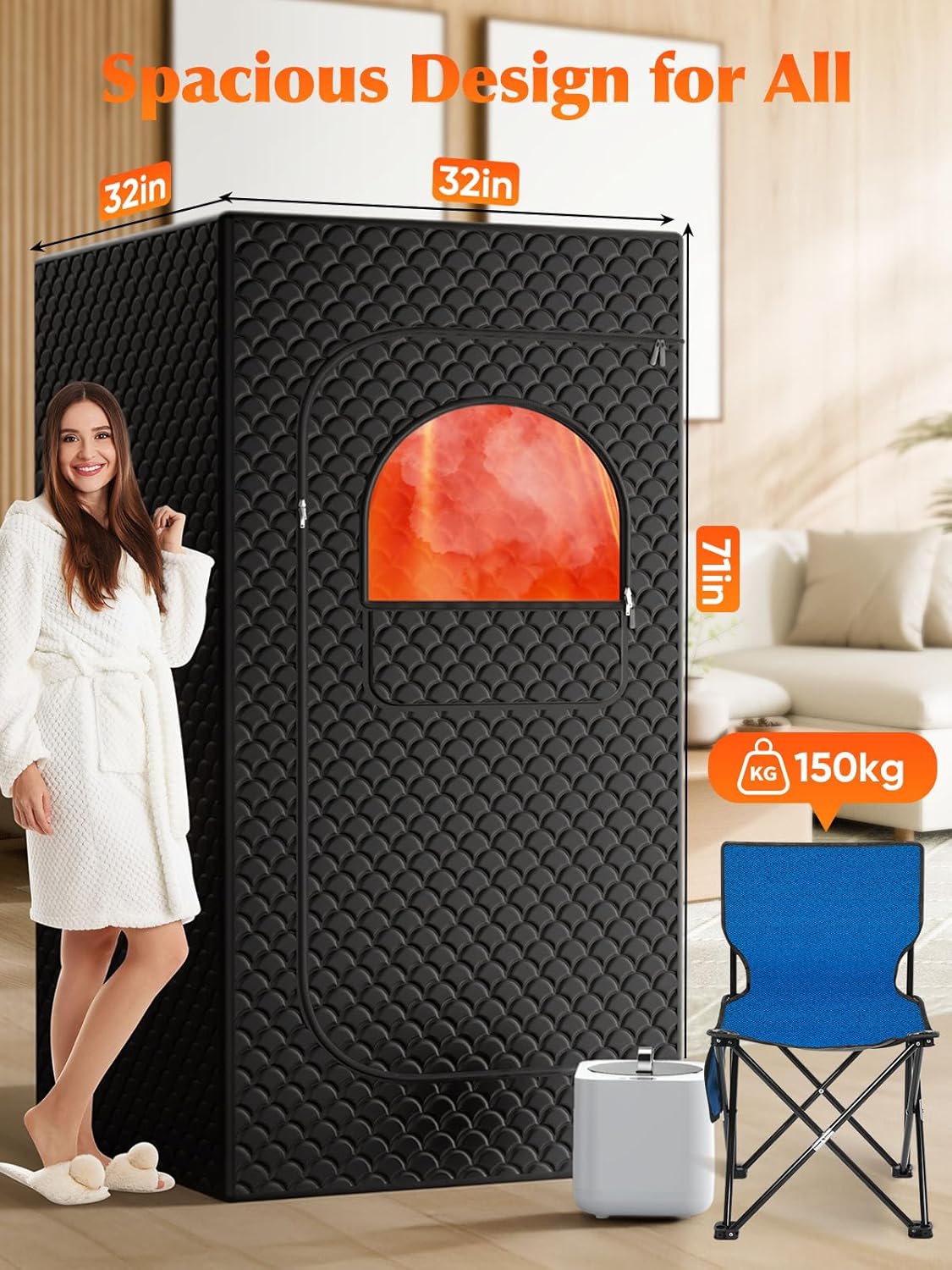 Portable Sauna Box for Home, Personal SPA Steam Sauna with 10 Min Fast Heating  9 Levels Heat, Warm Sauna Tent with 3L/1200W Steamer, Folding Chair, Remote Control for Body Relaxation,32 x 32 x 71