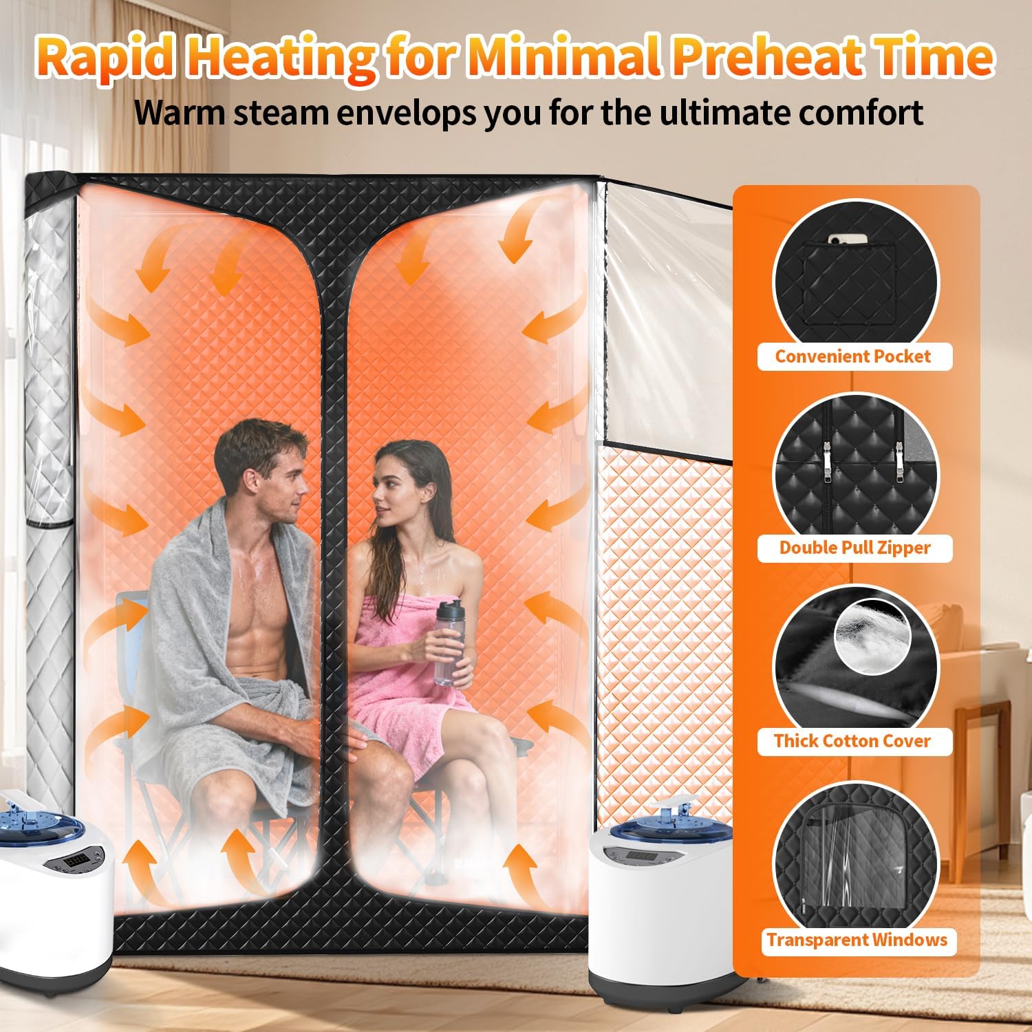 Portable Steam Sauna Box for Home, Infrared Sauna Tent with 3L Steam Generator, Remote Control, 9 Temperature Levels, 99 Minute Timer, Indoor 2 Person Sauna with Foldable Chair for Home Spa,Black