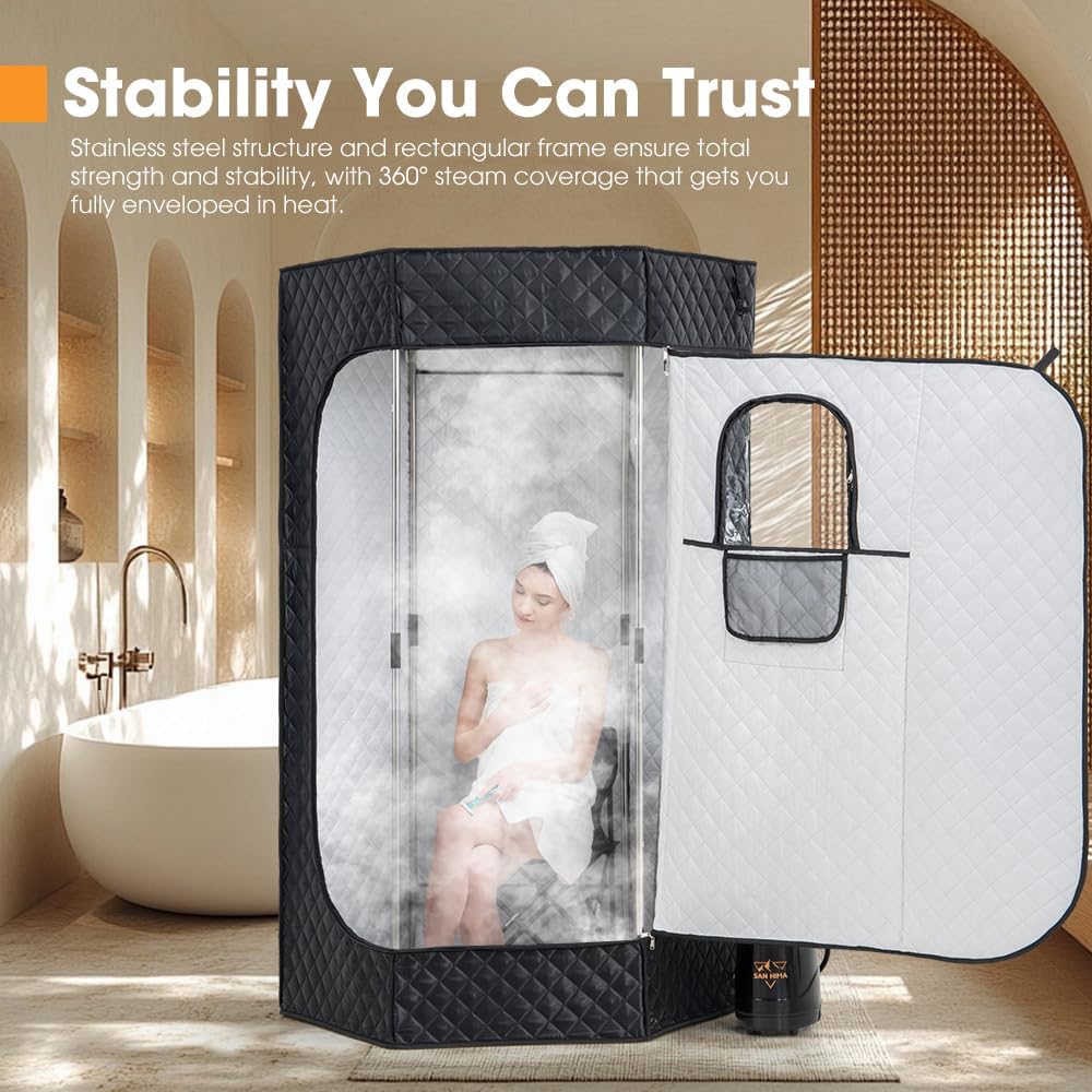 SAN HIMA Portable Sauna for Home - Personal Steam Sauna Box at Home Spa with 3L 1500W Steamer, 9 Levels Heat, 90 Minute Timer, Dimmable LED Light, Foldable Chair, Remote Control for Indoor Outdoor
