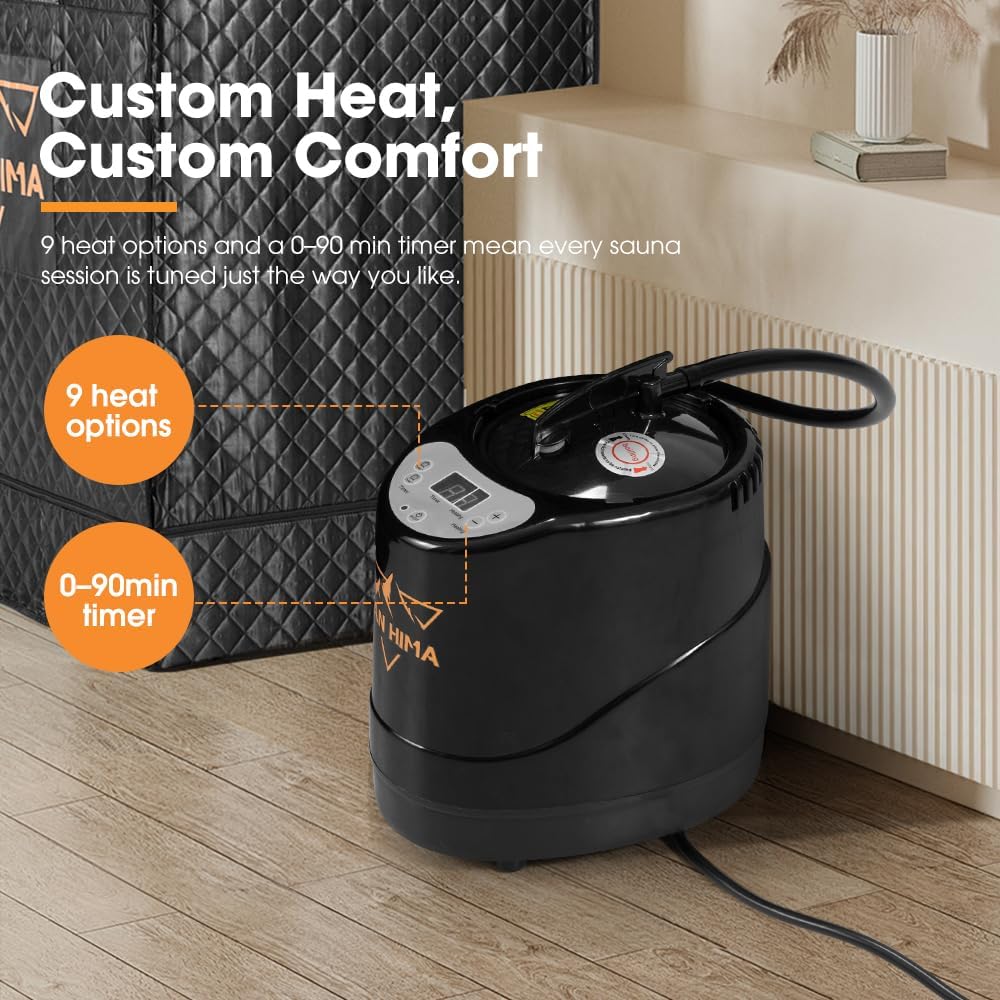 SAN HIMA Portable Sauna for Home - Personal Steam Sauna Box at Home Spa with 3L 1500W Steamer, 9 Levels Heat, 90 Minute Timer, Dimmable LED Light, Foldable Chair, Remote Control for Indoor Outdoor