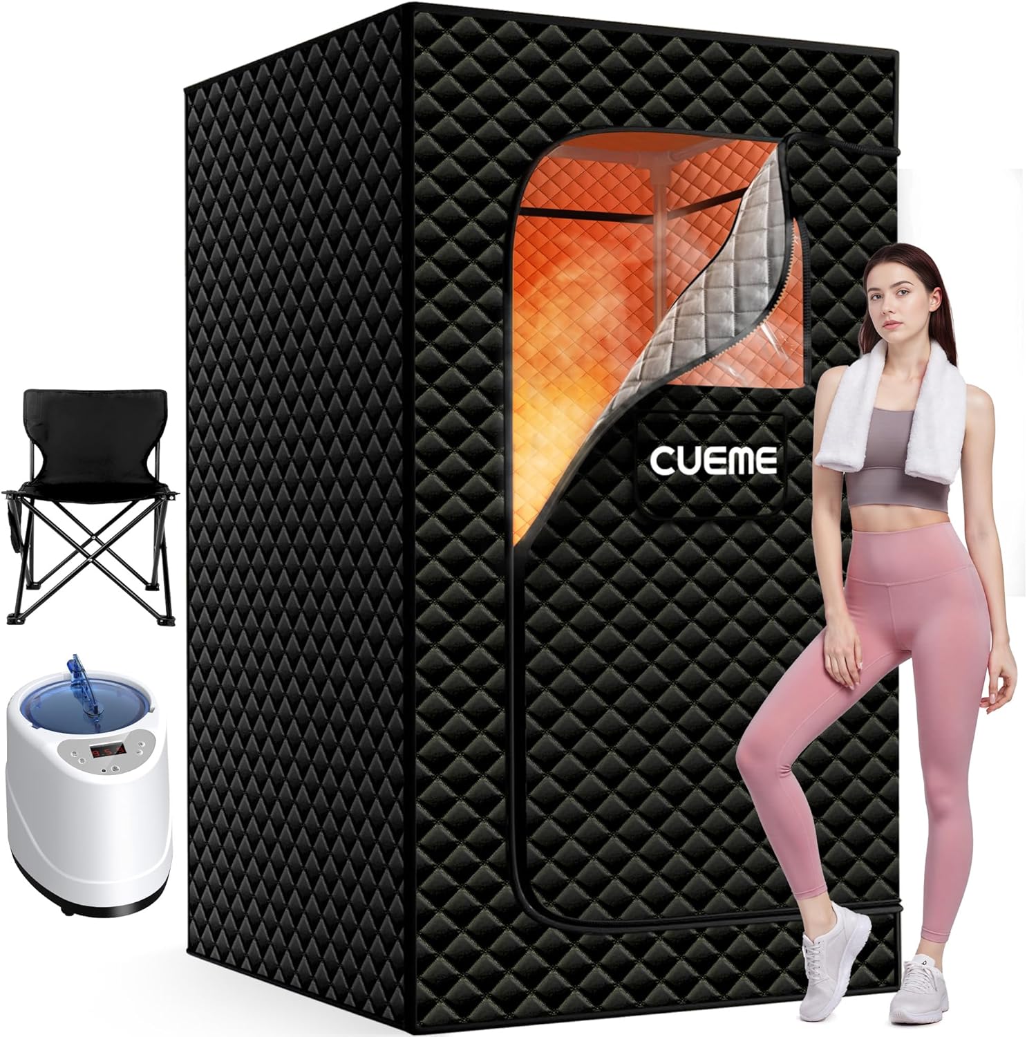 Sauna Box, Portable Steam Sauna, Portable Sauna for Home with 3L 1200W Steamer, 9 Levels, Folding Chair, Extra Large Size (2.6 x 2.6 x 5.9), Full Body Sauna Tent for Relaxation, Detoxification