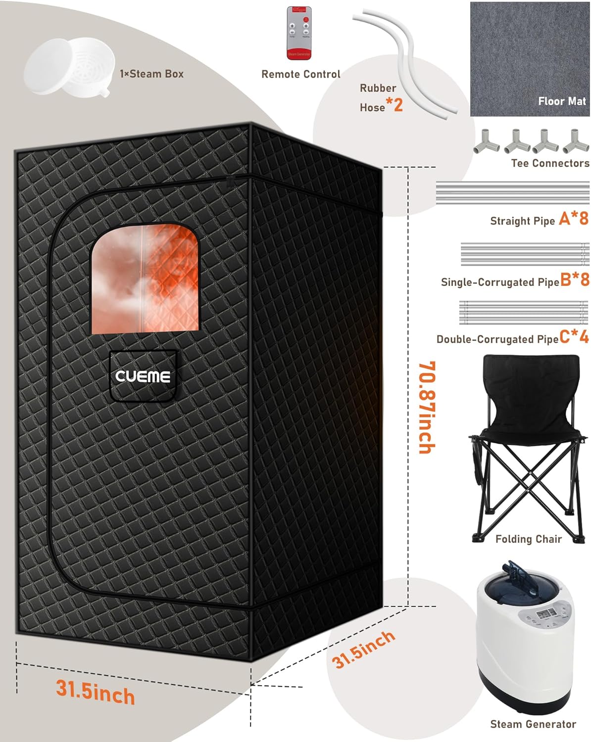 Sauna Box, Portable Steam Sauna, Portable Sauna for Home with 3L 1200W Steamer, 9 Levels, Folding Chair, Extra Large Size (2.6 x 2.6 x 5.9), Full Body Sauna Tent for Relaxation, Detoxification