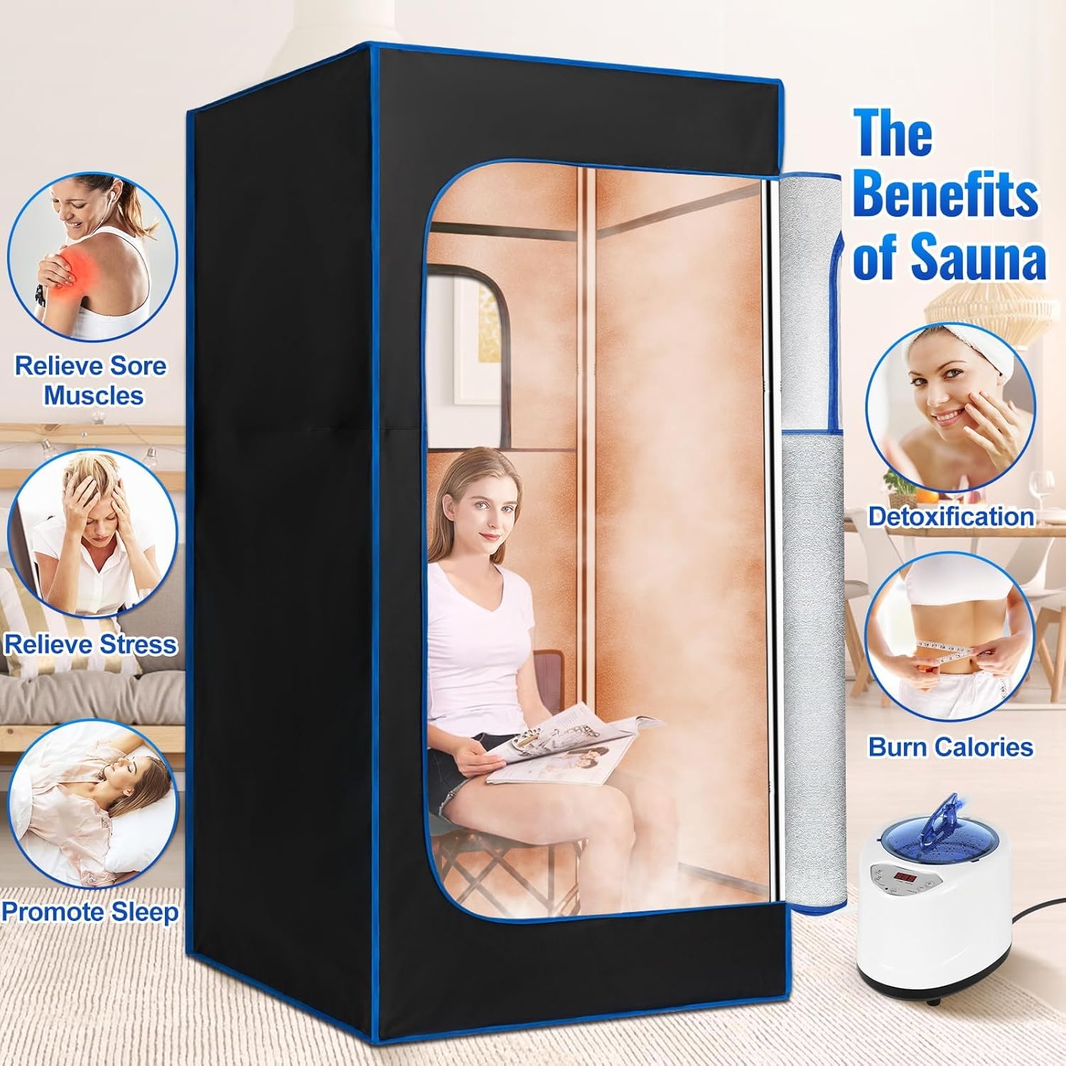 Upgraded Portable Sauna Box for Relaxation, Detoxification, Steam Sauna for Home with Steamer, Remote Control, Folding Chair, 9 Levels, 2.6’ x 2.6’ x 5.9’