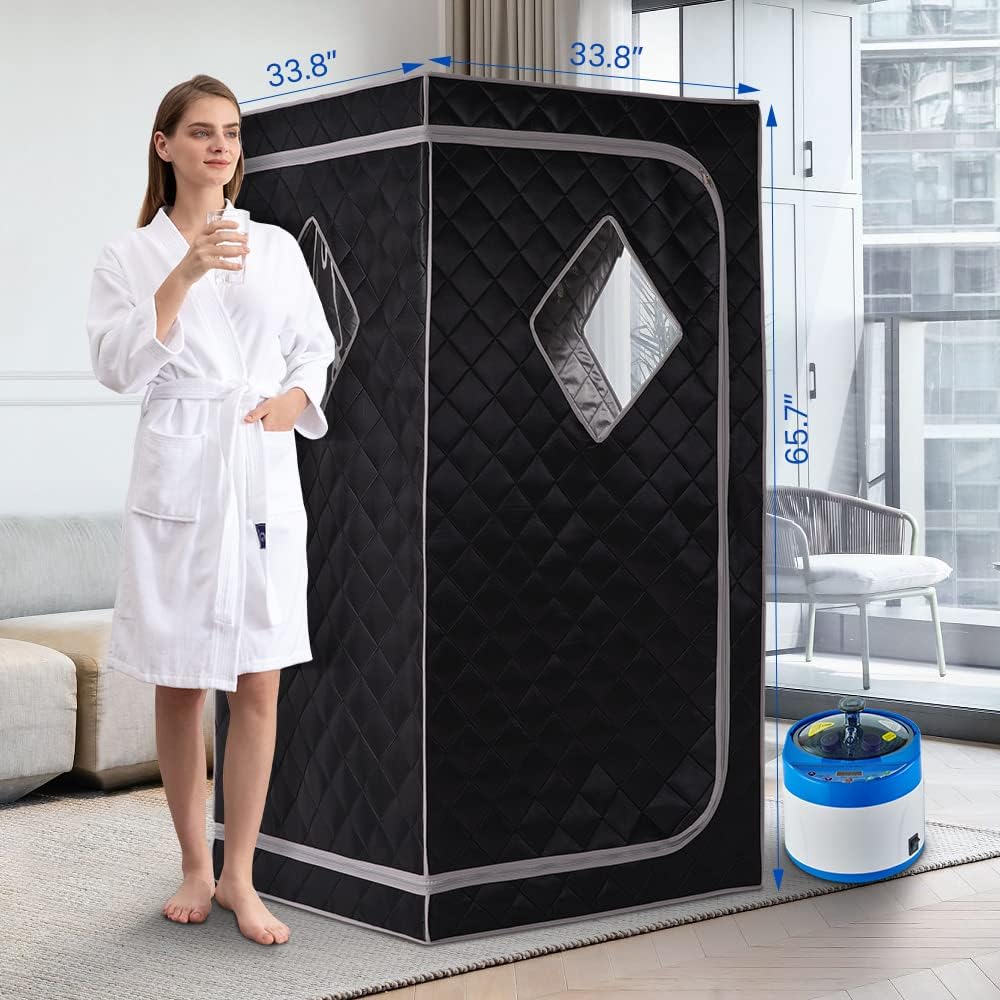 ZONEMEL Full Size Portable Steam Sauna, Personal Home Spa, 1500 Watt 4 Liter Steamer with Remote Control, Timer, Upgraded Portable Chair (Black, 63in-Height)