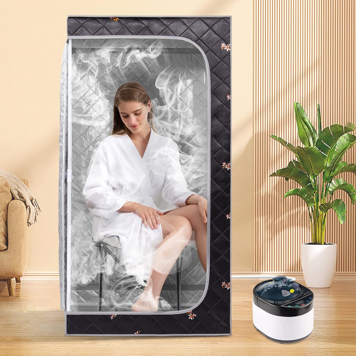 ZONEMEL Full Size Portable Steam Sauna, Personal Home Spa, 1500 Watt 4 Liter Steamer with Remote Control, Timer, Upgraded Portable Chair (Black, 63in-Height)