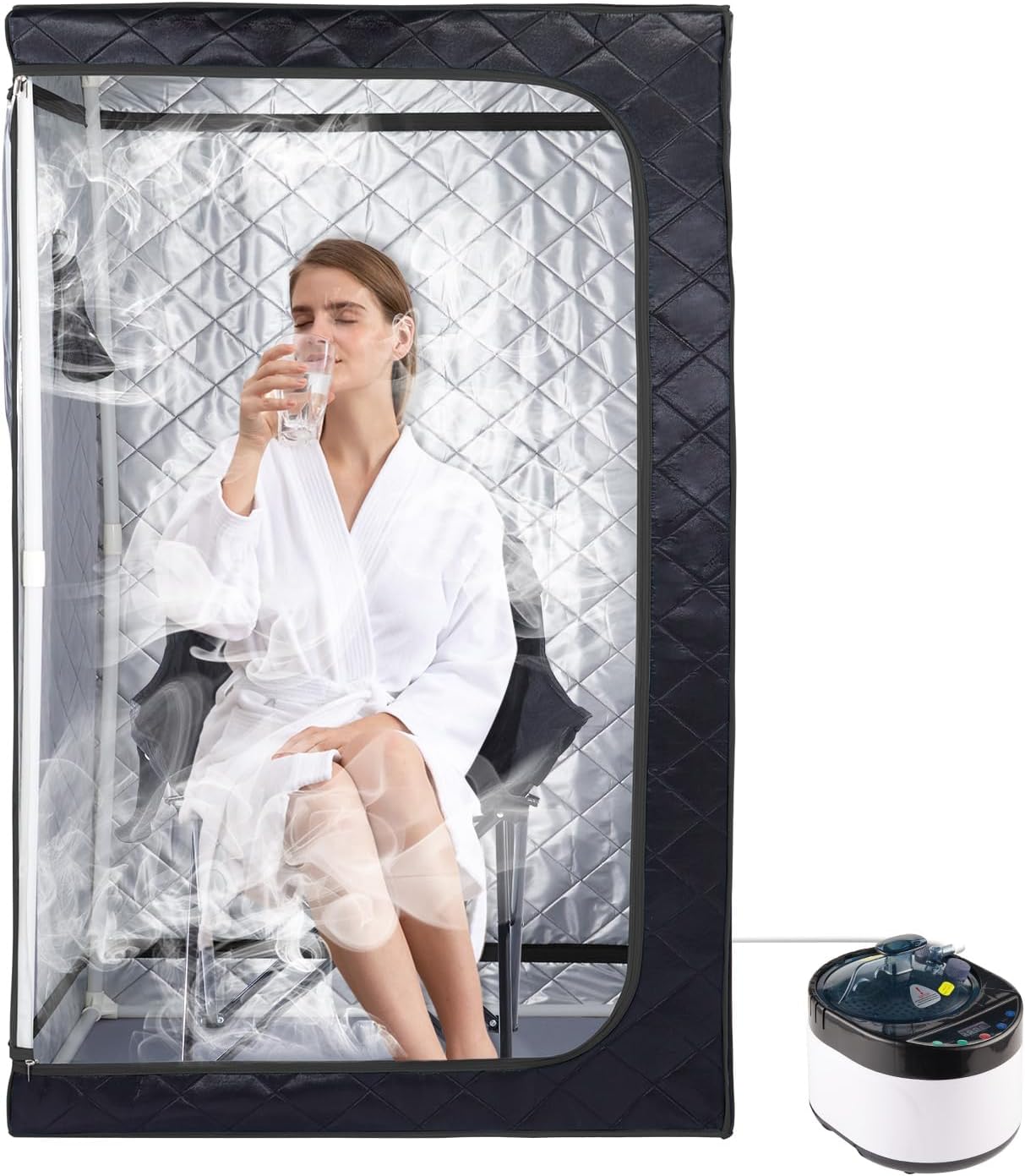 ZONEMEL Full Size Portable Steam Sauna, Personal Home Spa, 1500 Watt 4 Liter Steamer with Remote Control, Timer, Upgraded Portable Chair (Black, 63in-Height)