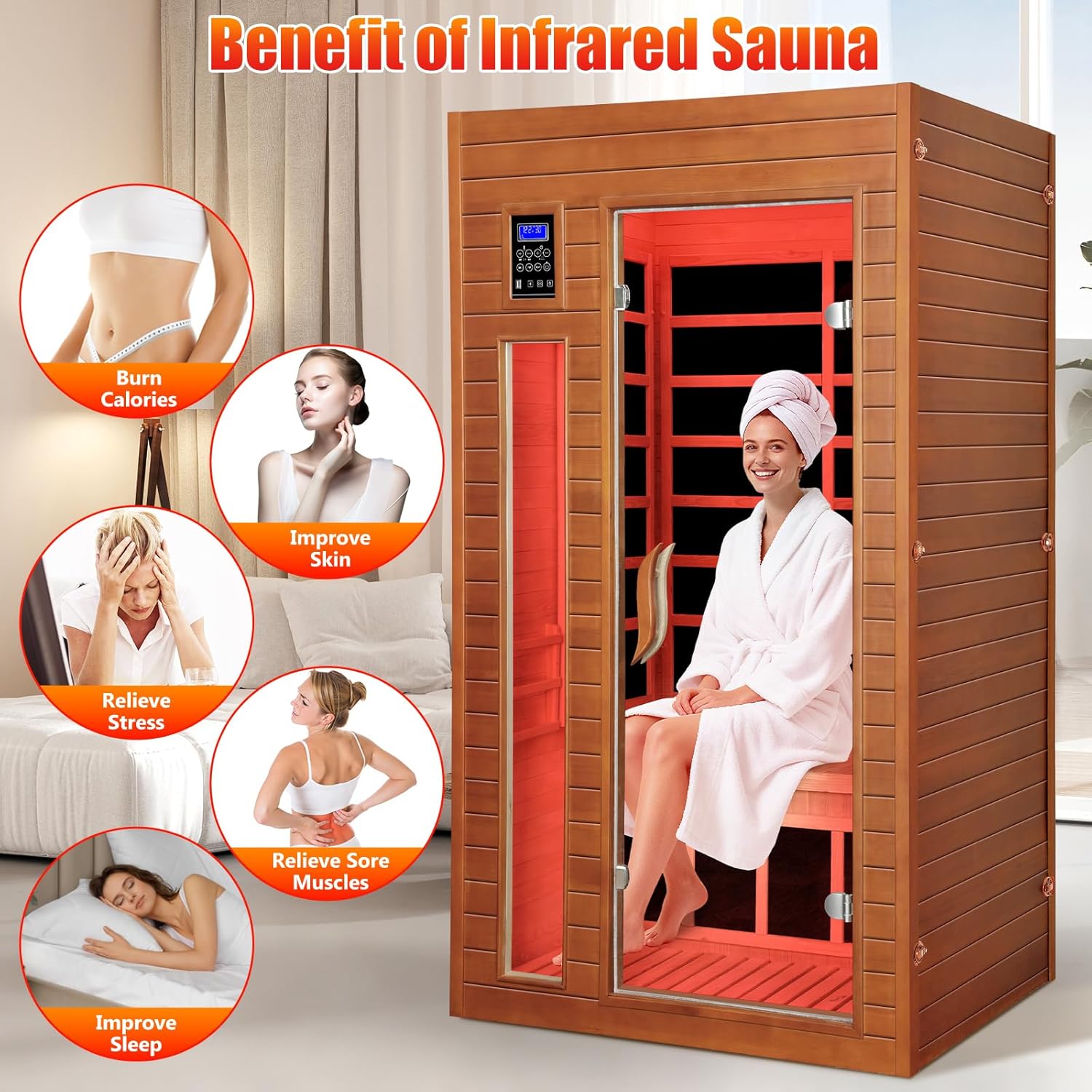 1-2 Person Infrared Sauna, Dry Heat Sauna with Red Light Therapy, Bluetooth, Radio, 7-Color Therapy Light for Home, Indoor, Gym, Wellness Center, 36″ x 36″ x 73″