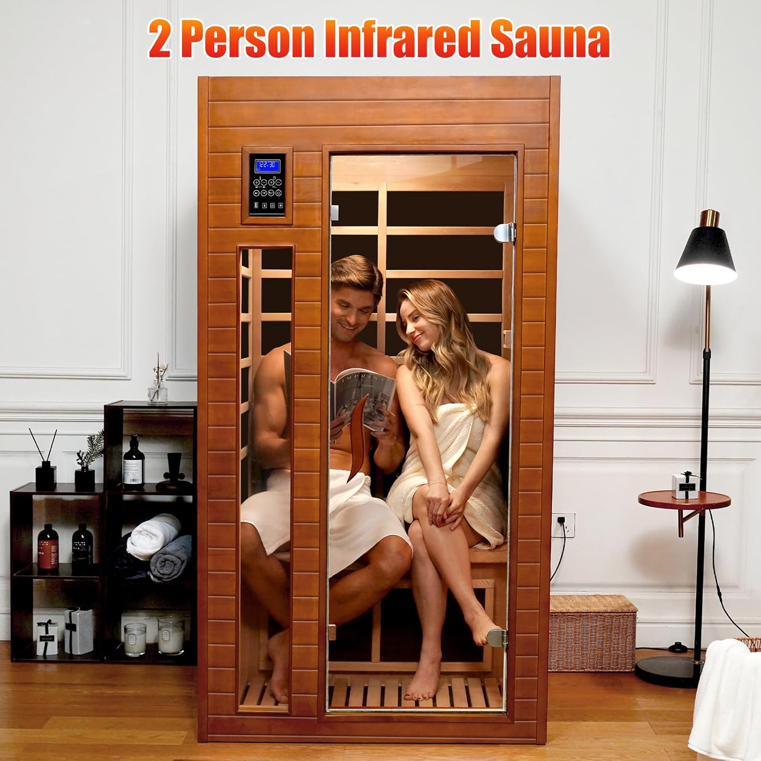 1-2 Person Infrared Sauna, Dry Heat Sauna with Red Light Therapy, Bluetooth, Radio, 7-Color Therapy Light for Home, Indoor, Gym, Wellness Center, 36″ x 36″ x 73″