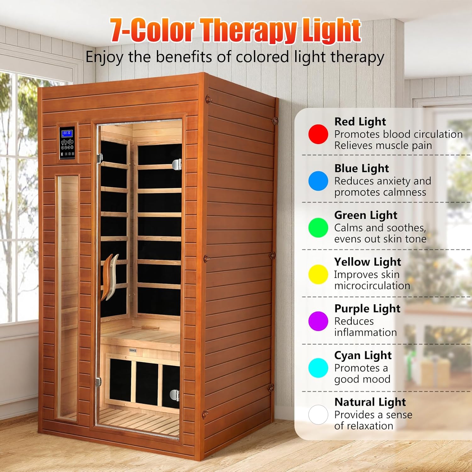 1-2 Person Infrared Sauna, Dry Heat Sauna with Red Light Therapy, Bluetooth, Radio, 7-Color Therapy Light for Home, Indoor, Gym, Wellness Center, 36″ x 36″ x 73″
