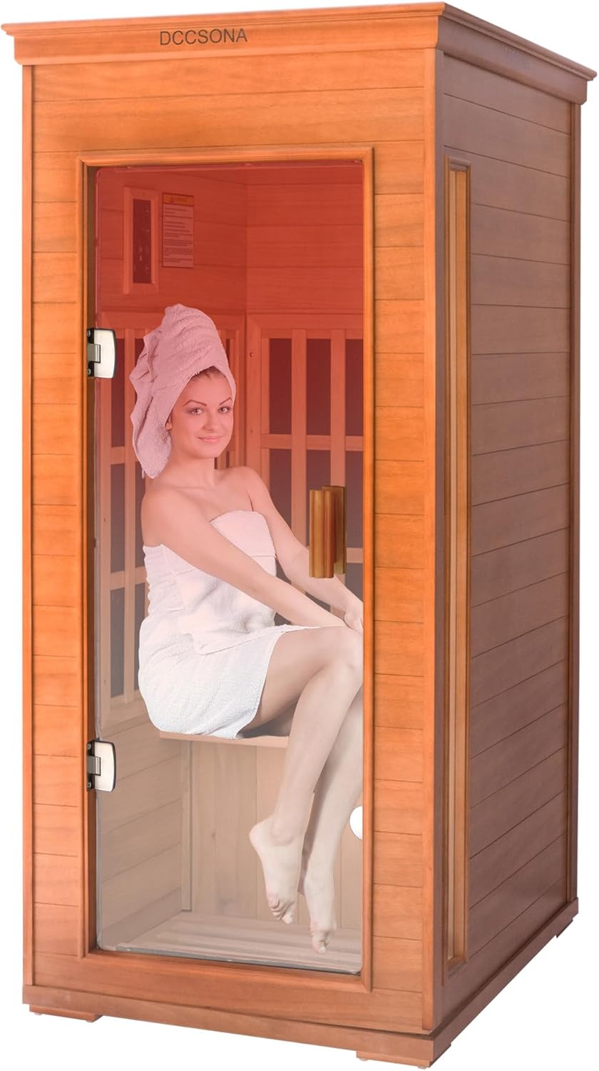 1-Person Far Infrared Sauna with Red Light Therapy – Compact Okoume Wood Indoor Home Spa, 4 Fast Heating Panels (1000W 110V), Bluetooth, 7-Color LED  Timer – 65.4 Tall (Fits Small Spaces)