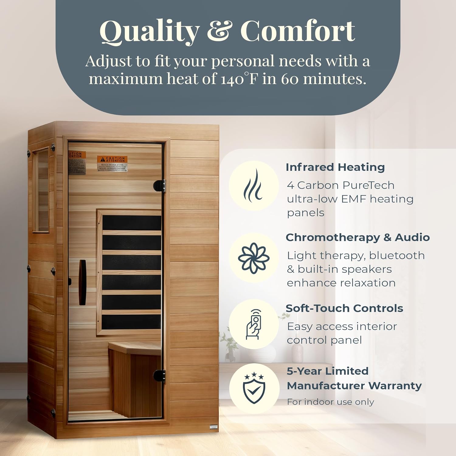 DYNAMIC SAUNAS Elite 1 Person Compact Ultra Low EMF FAR Infrared Sauna with Red Light Therapy  Bluetooth Speakers - Personal Indoor for Home  Gym