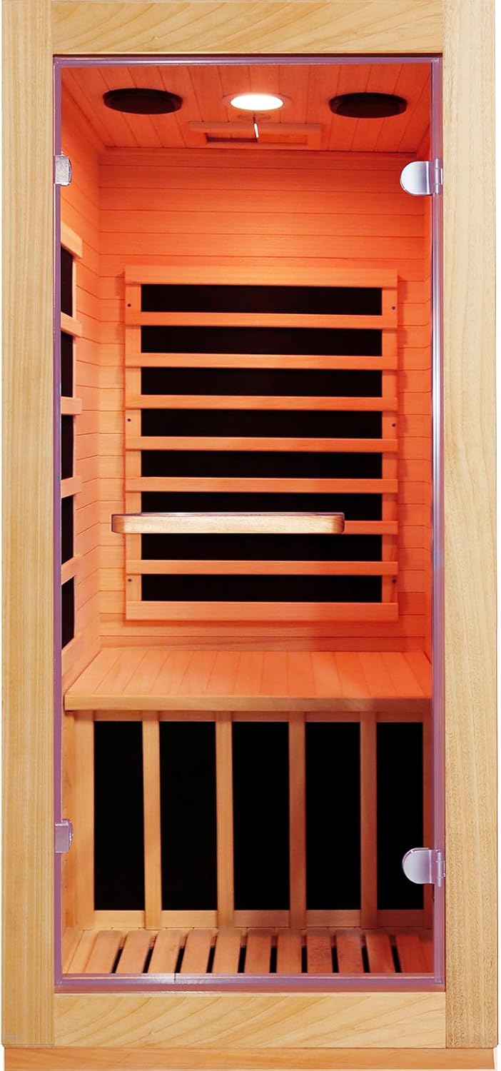 Far Infrared Sauna Home Sauna Room Indoor 1 Person Sauna Wood Saunas 900W 120V with Red Light Bluetooth Speakers 28.35x32.28x61.42