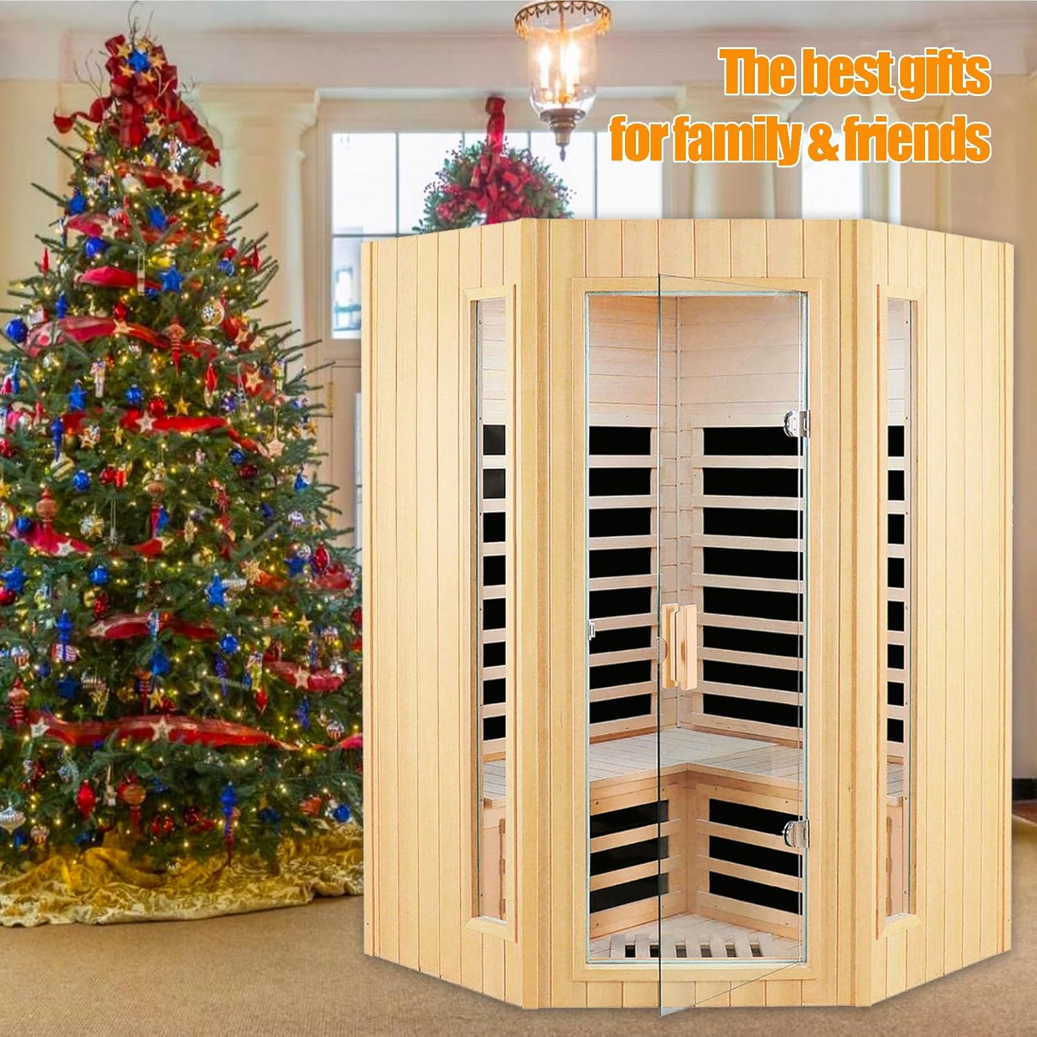 Far Infrared Wooden Sauna Room, 2-3 Person Home Sauna Canadian Hemlock Indoor Corner Sauna Spa, 2 Bluetooth Speakers, 2 LED Reading Lamp, 3 Chromotherapy Lights