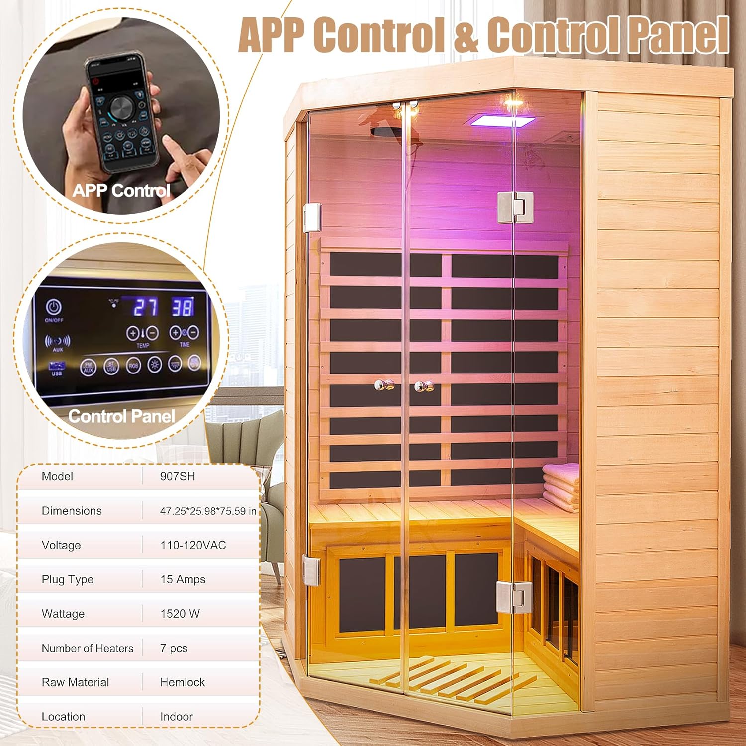 Far Infrared Wooden Sauna Room, 2-3 Person Home Sauna Canadian Hemlock Indoor Corner Sauna Spa, 2 Bluetooth Speakers, 2 LED Reading Lamp, 3 Chromotherapy Lights