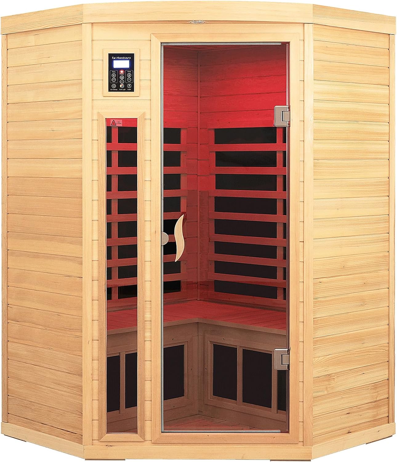 Far Infrared Wooden Sauna Room, 2-3 Person Home Sauna Canadian Hemlock Indoor Corner Sauna Spa, 2 Bluetooth Speakers, 2 LED Reading Lamp, 3 Chromotherapy Lights