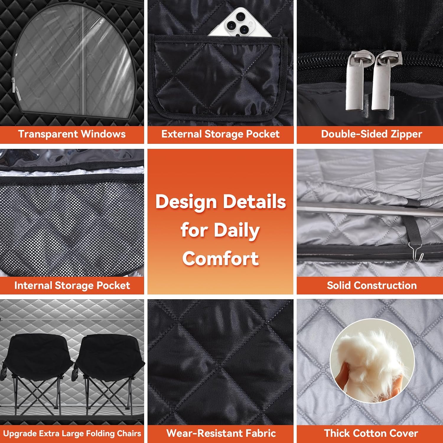 Home Sauna Portable, Upgraded Extra Large 2 Person Sauna Box with 2x3L 1300w Steamer, 2 Big Folding Chair, 9 Levels Heat, Timer,Remote Control - Steam Sauna Room Tent for Home Spa 71”x 49”x 35”, Black