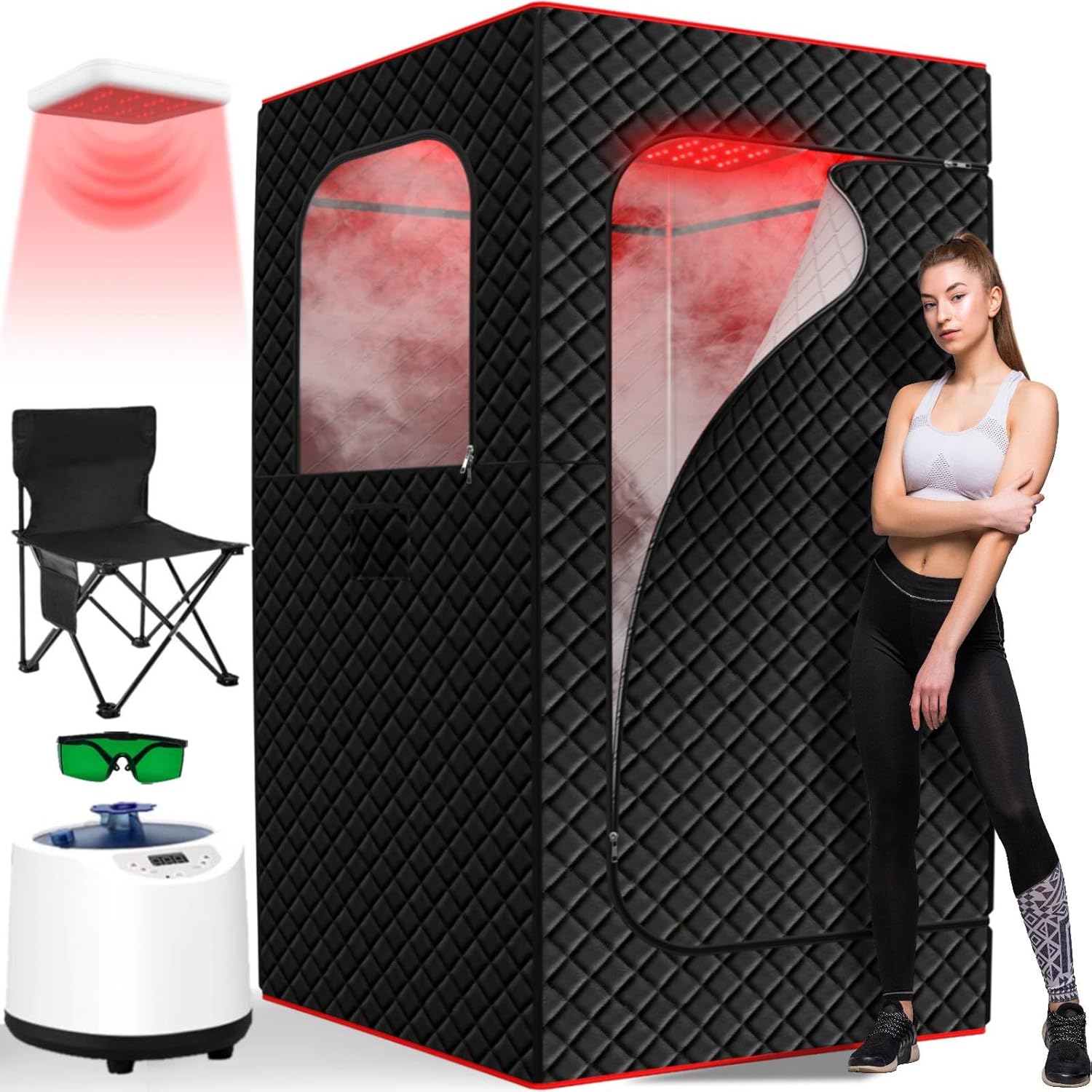 Infrared Home Steam Sauna Box, Portable Personal Full Body Sauna Spa Tent at Home for Relaxation with 660nm Red Light Therapy Lamp, 3L Steamer, Folding Chair, 15 Levels