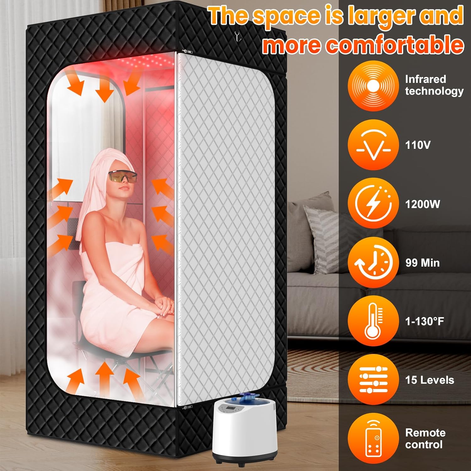 Infrared Sauna Box for Home, Portable Steam Saunas Indoor with 660nm 850nm Red Light Therapy Lamp, 3L Steamer, Folding Chair, Large Personal Full Body Sauna Spa Tent, 15 Levels