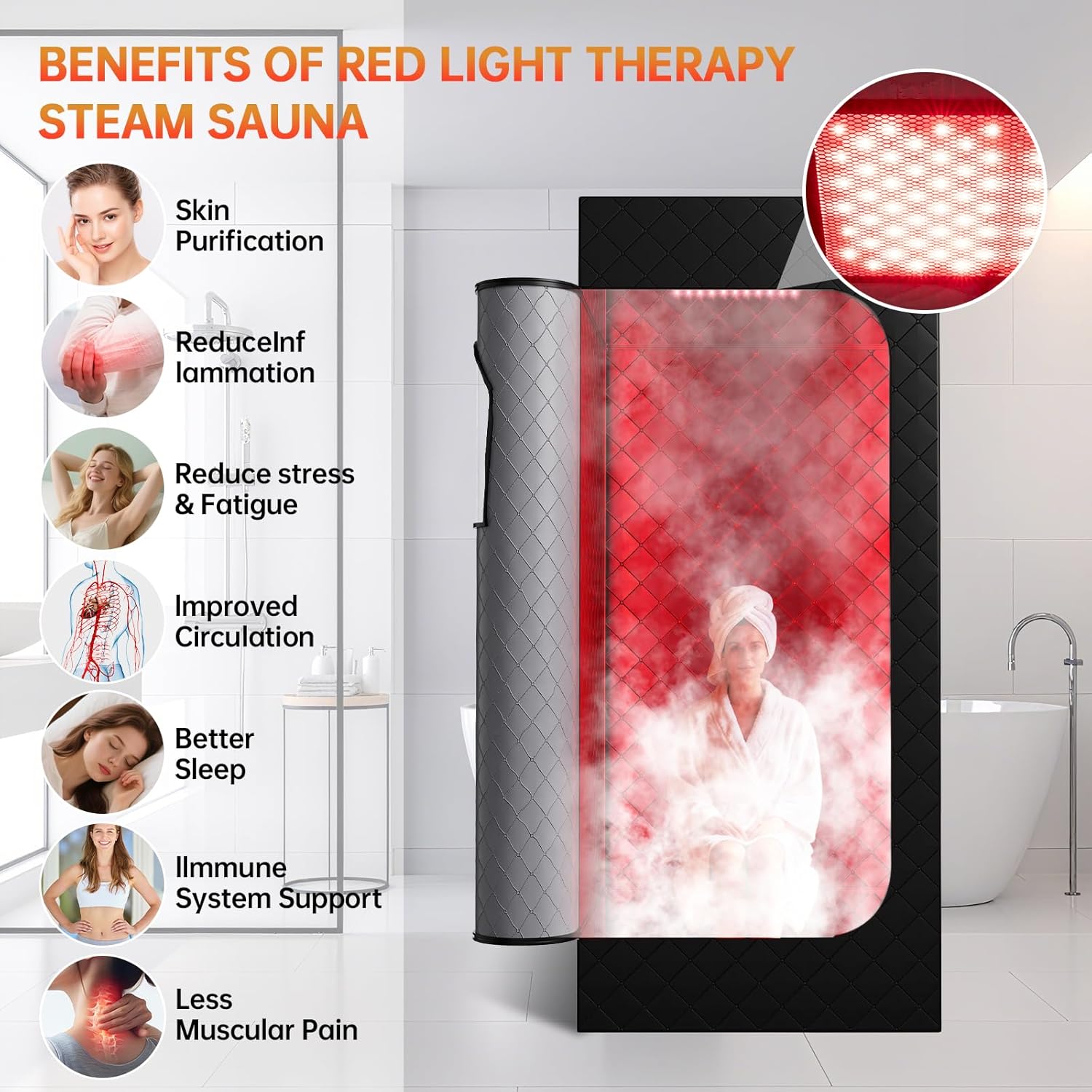 Infrared Sauna Box, Portable Sauna with 660nm Red Light Therapy  850nm,5-Layer Waterproof, 3L 1300W Steamer,Folding Chair,for Home Sauna Spa Personal Saunas Tent Indoor Outdoor