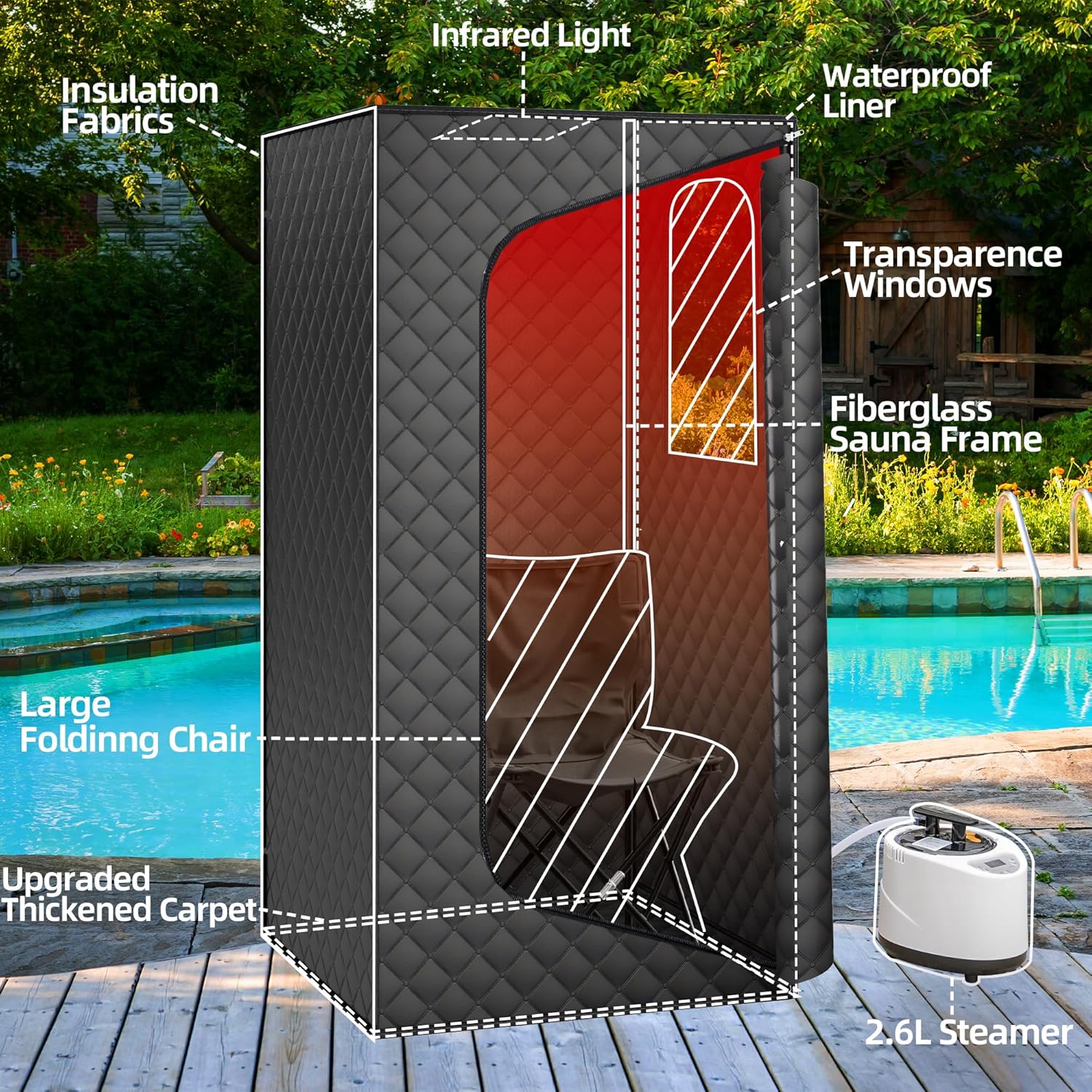 Infrared Sauna for Home - Portable Steam Sauna with Red Light, Folding Chair, Remote Control, 3.2’ x 3.2’ x 6.0’, Black