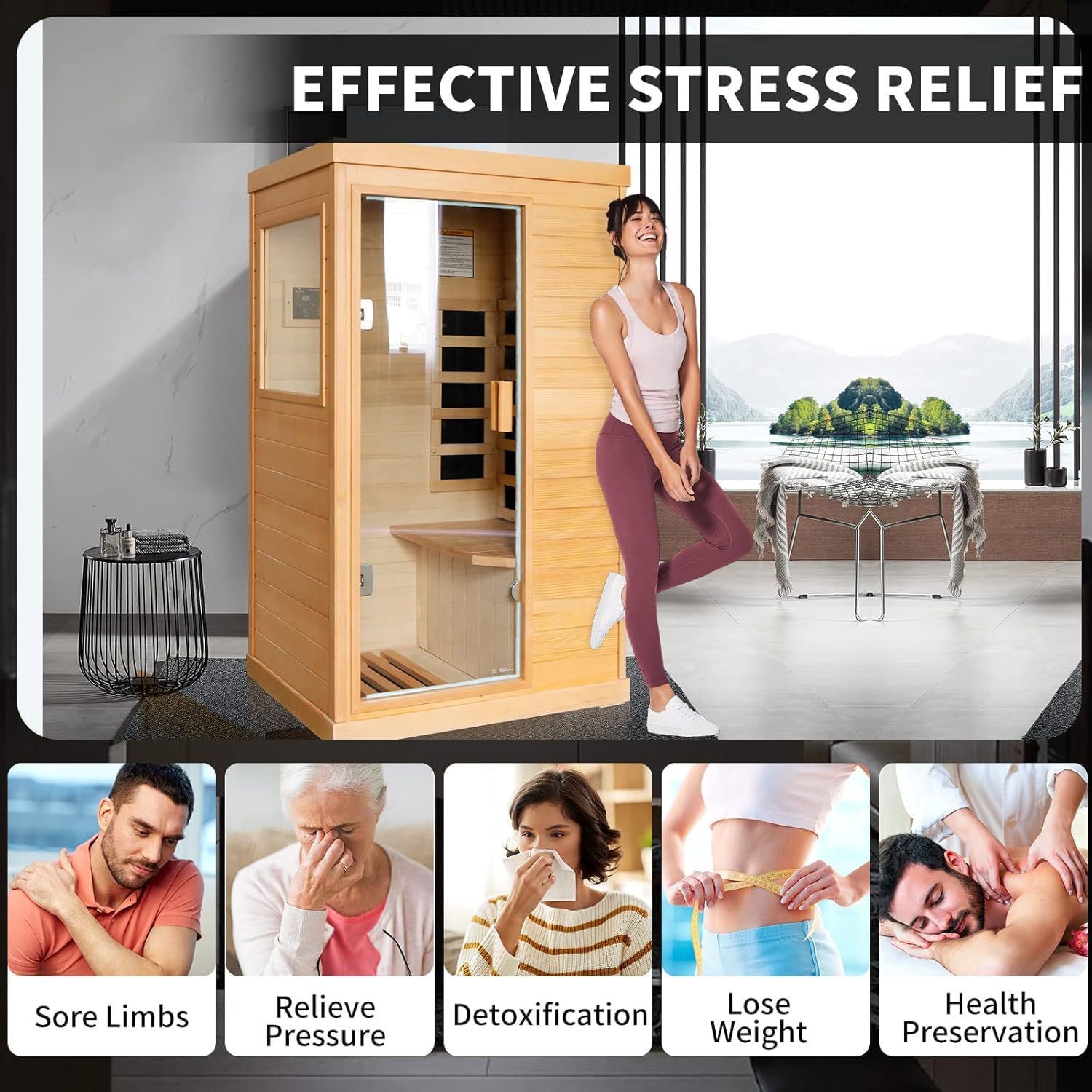 Infrared Sauna Home Sauna Spa Room Canadian Hemlock Wood 800W Indoor Saunas Low EMF 110V with Control Panel and Tempered Glass Door