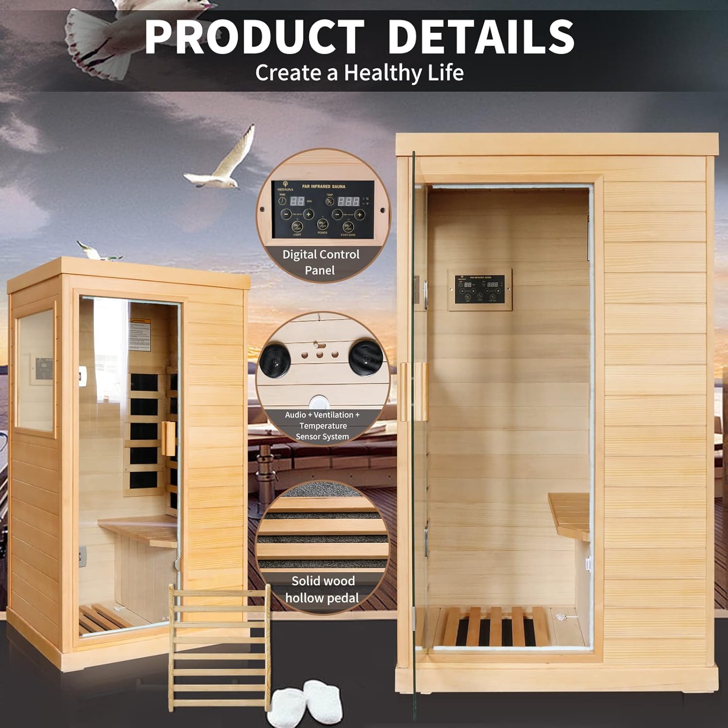Infrared Sauna Home Sauna Spa Room Canadian Hemlock Wood 800W Indoor Saunas Low EMF 110V with Control Panel and Tempered Glass Door