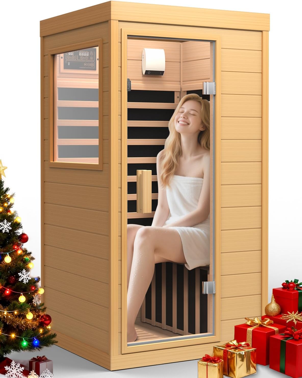 Infrared Sauna with Red Light, Hemlock 1 Person Dry Sauna with Backrest, 1062W Fast Heating Low EMF Sauna with 5 Carbon Heaters, Sauna Infrared with Bluetooth  Integrated Speakers (Wood)