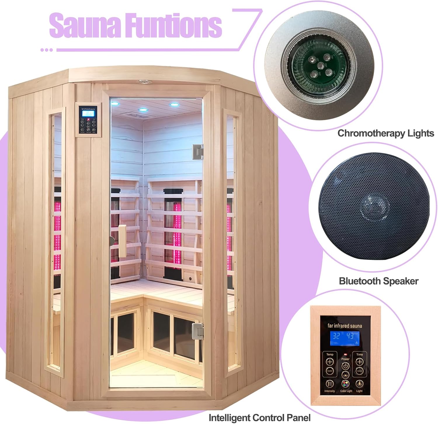 Infrared Saunas 2-3 Person, Ceramic Infrared Sauna for Home, Low EMF Indoor Home Sauna Spa, Ultra Large Size Corner Sauna, Hemlock Wood Sauna Room, Bluetooth Speakers, Chromotherapy Lights