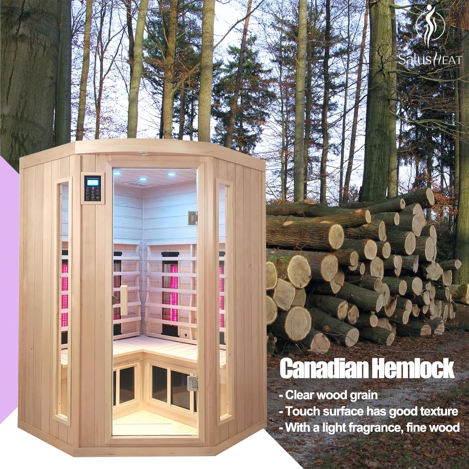 Infrared Saunas 2-3 Person, Ceramic Infrared Sauna for Home, Low EMF Indoor Home Sauna Spa, Ultra Large Size Corner Sauna, Hemlock Wood Sauna Room, Bluetooth Speakers, Chromotherapy Lights