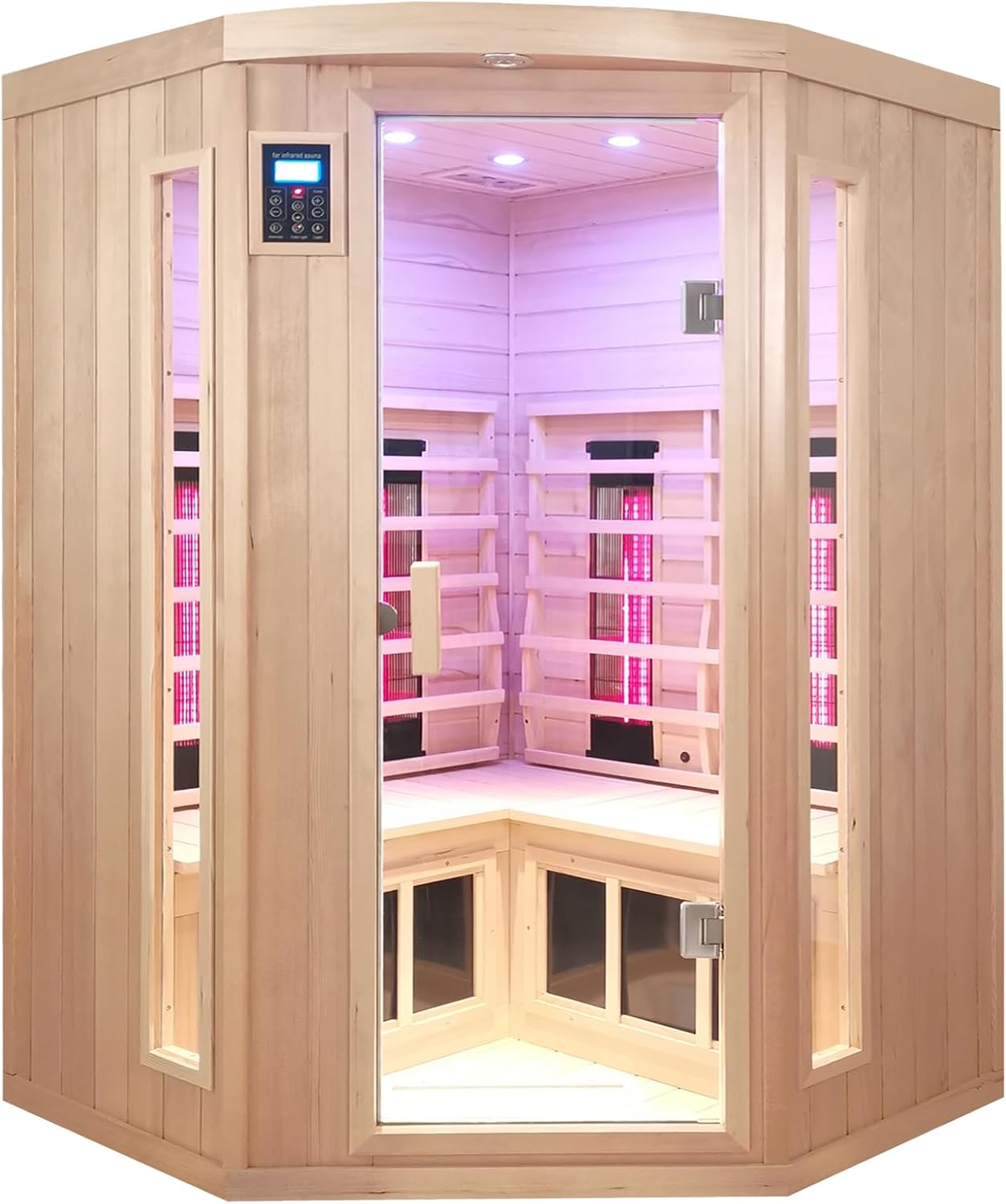 Infrared Saunas 2-3 Person, Ceramic Infrared Sauna for Home, Low EMF Indoor Home Sauna Spa, Ultra Large Size Corner Sauna, Hemlock Wood Sauna Room, Bluetooth Speakers, Chromotherapy Lights